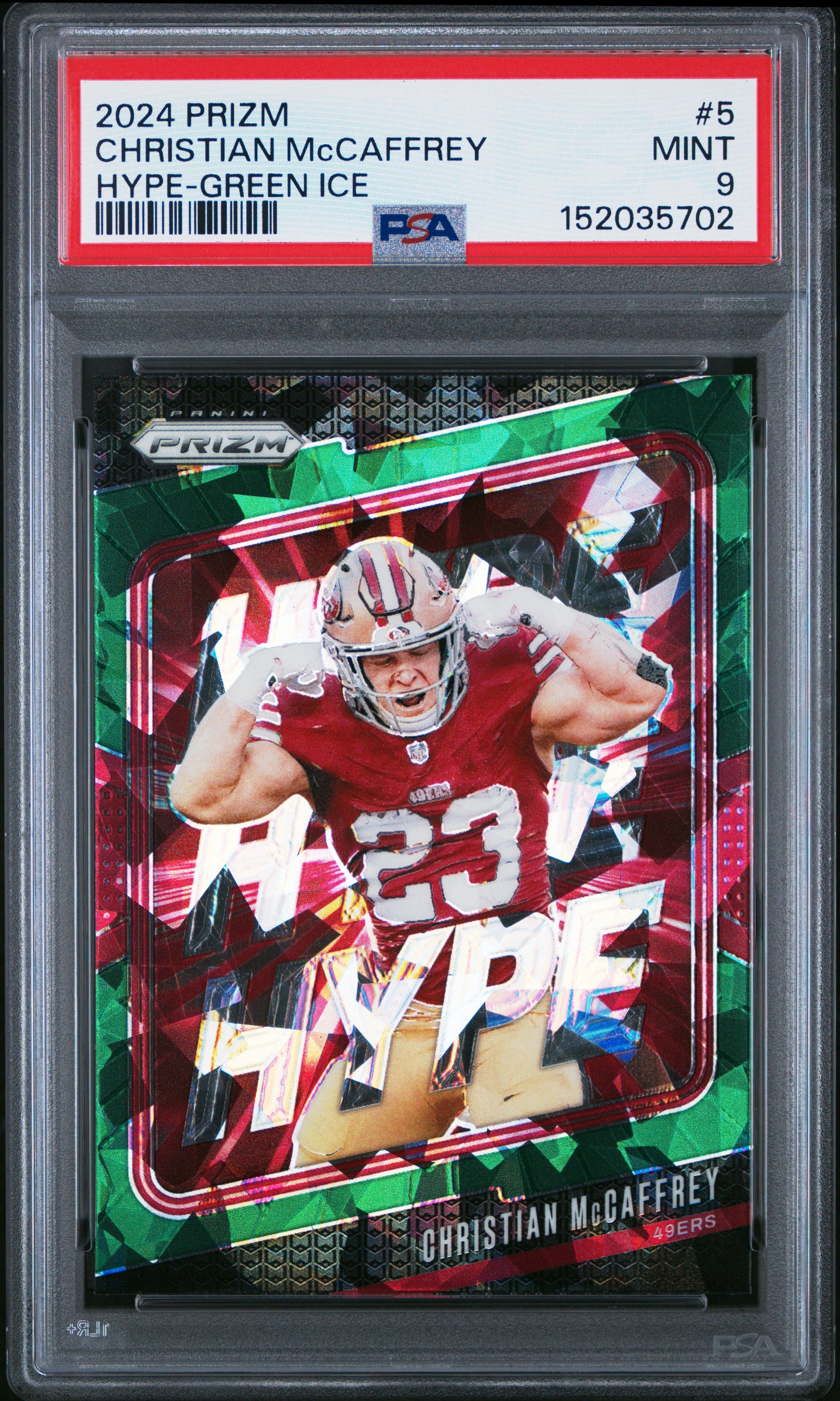 2024 Panini Prizm Hype Green Ice #5 Christian McCaffrey PSA 9