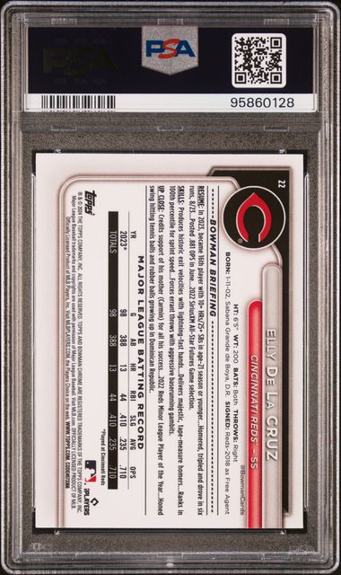 2024 Bowman Chrome Navy Refractor /175 #22 Elly De La Cruz PSA 10 - Back