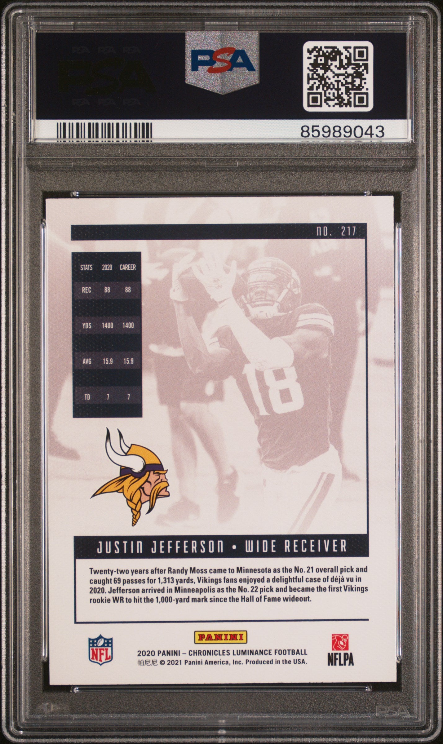 2020 Panini Chronicles Luminance #217 Justin Jefferson PSA 10