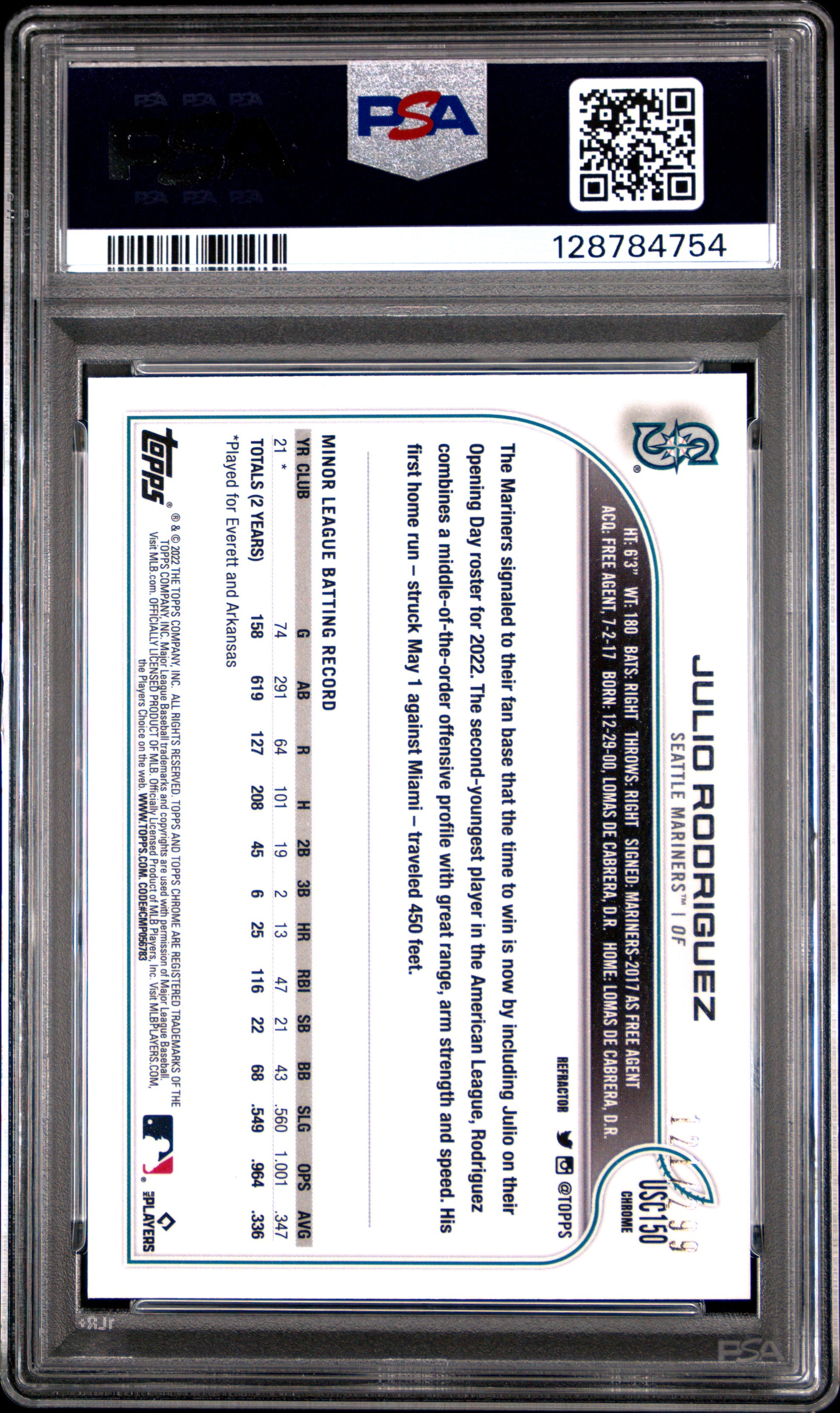 2022 Topps Chrome Update Refractor #USC150 Julio Rodriguez PSA 9