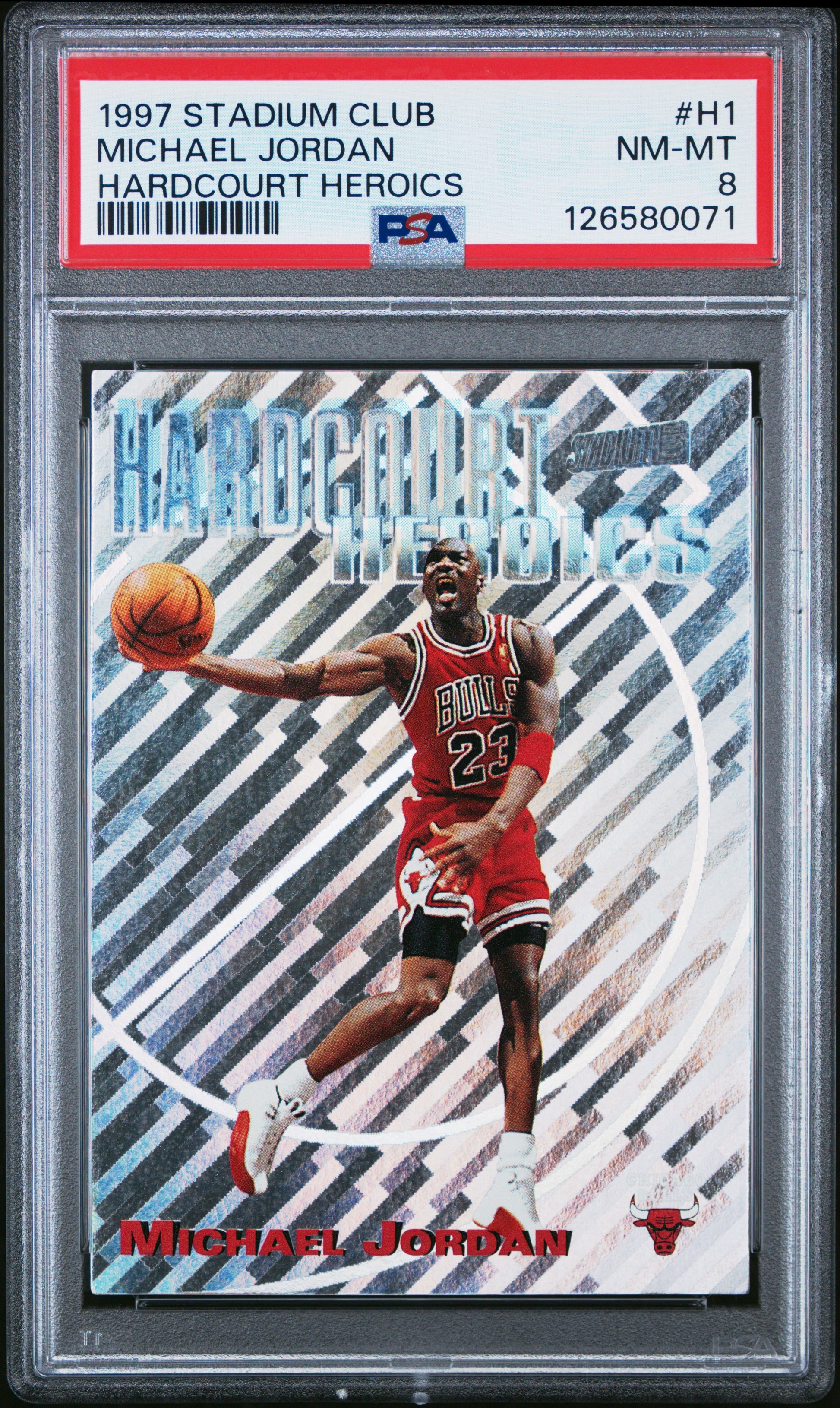 1997 Topps Stadium Club Hardcourt Heroics #H1 Michael Jordan PSA 8