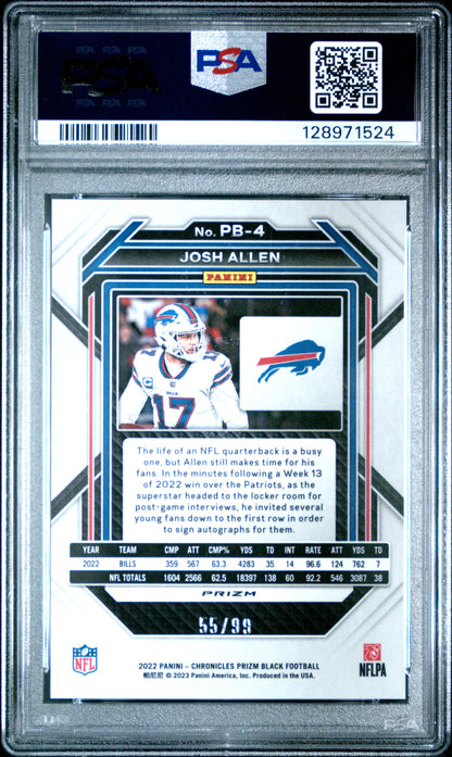 2022 Panini Chronicles Prizm Black Red /99 Josh Allen #PB-4 PSA 9