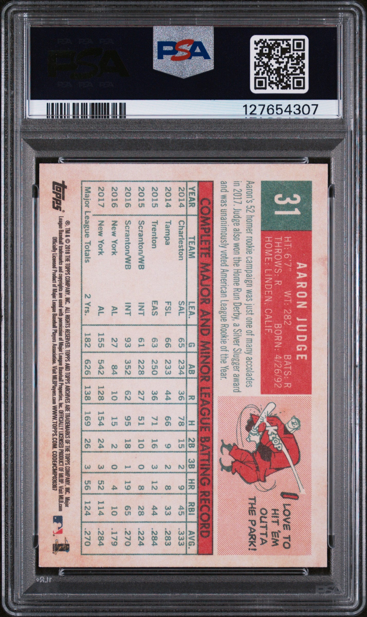2018 Topps Archives Bat On Shoulder #31 Aaron Judge PSA 9