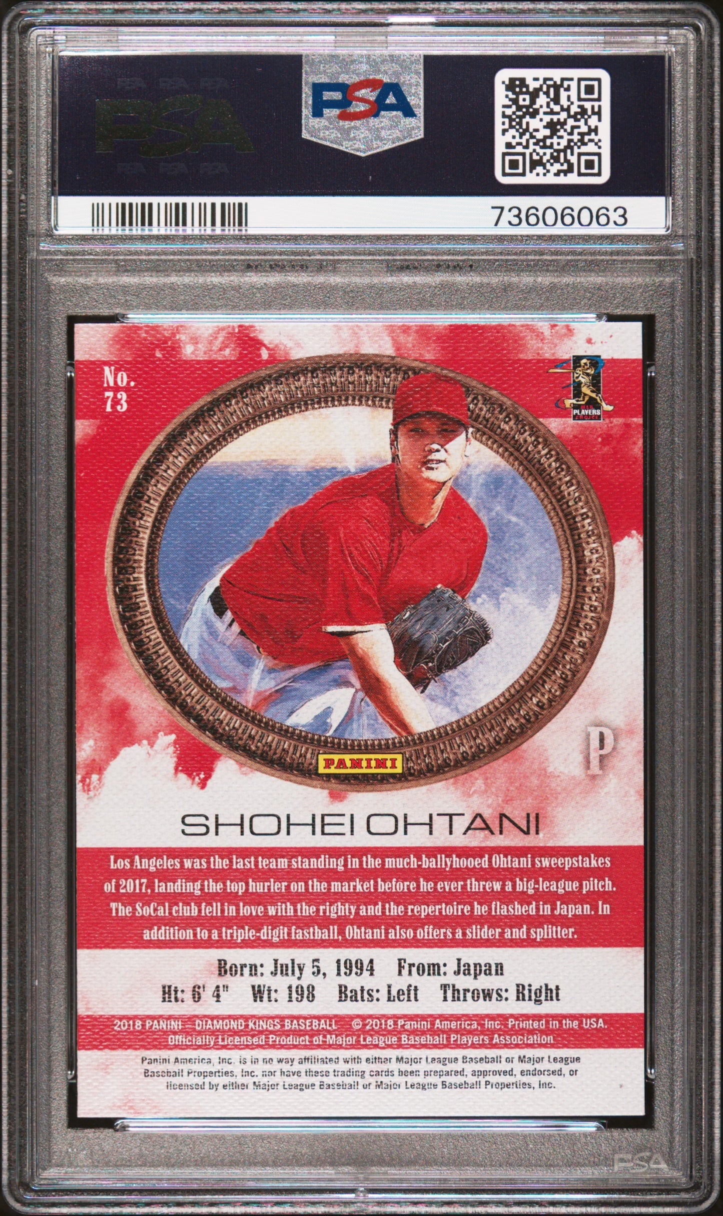 2018 Panini Diamond Kings Pitching No Pinstripe #73 Shohei Ohtani PSA 9