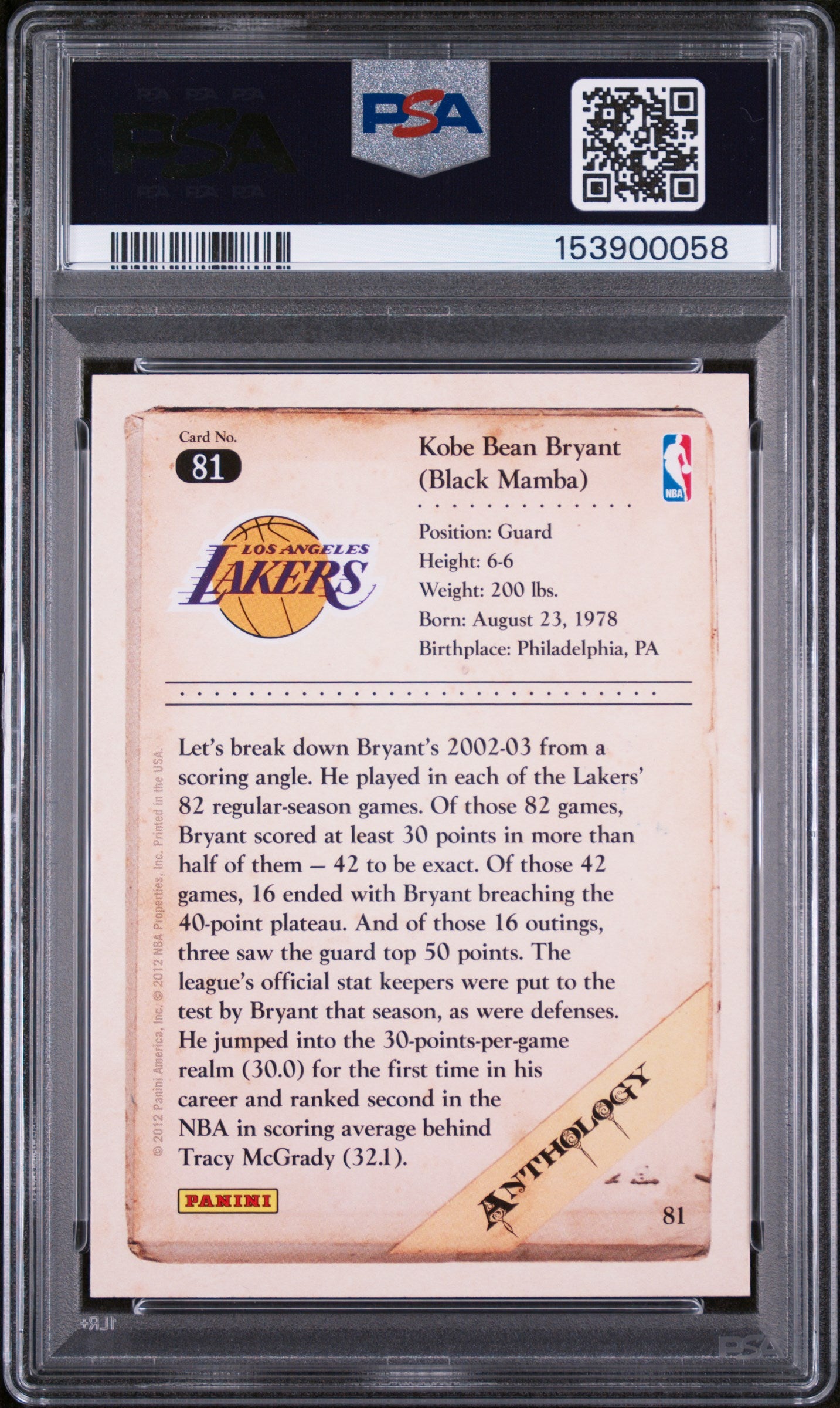2012 Panini Kobe Anthology #81 Kobe Bryant PSA 9