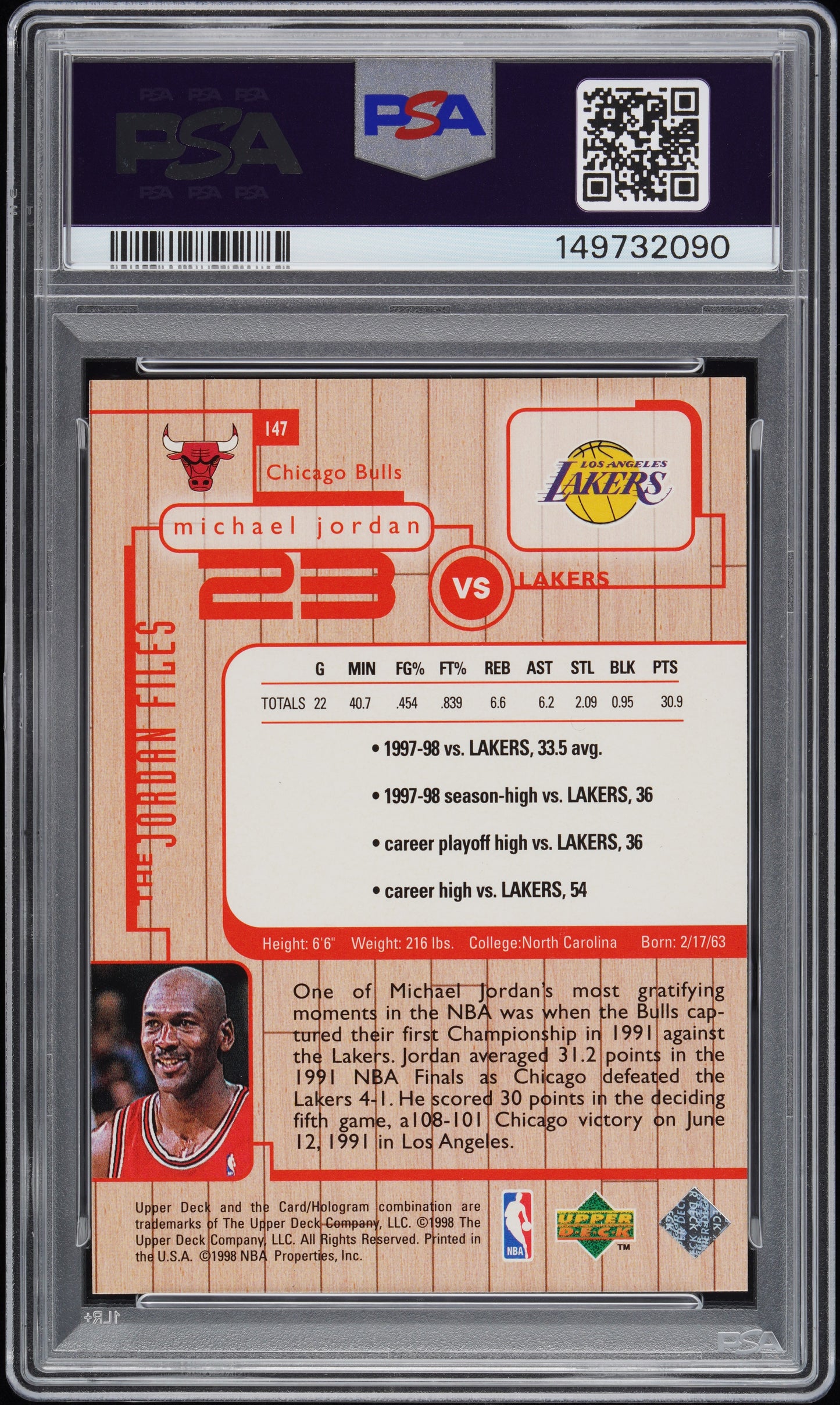 1998 Upper Deck MJ Living Legend The Jordan Files #147 Michael Jordan PSA 10