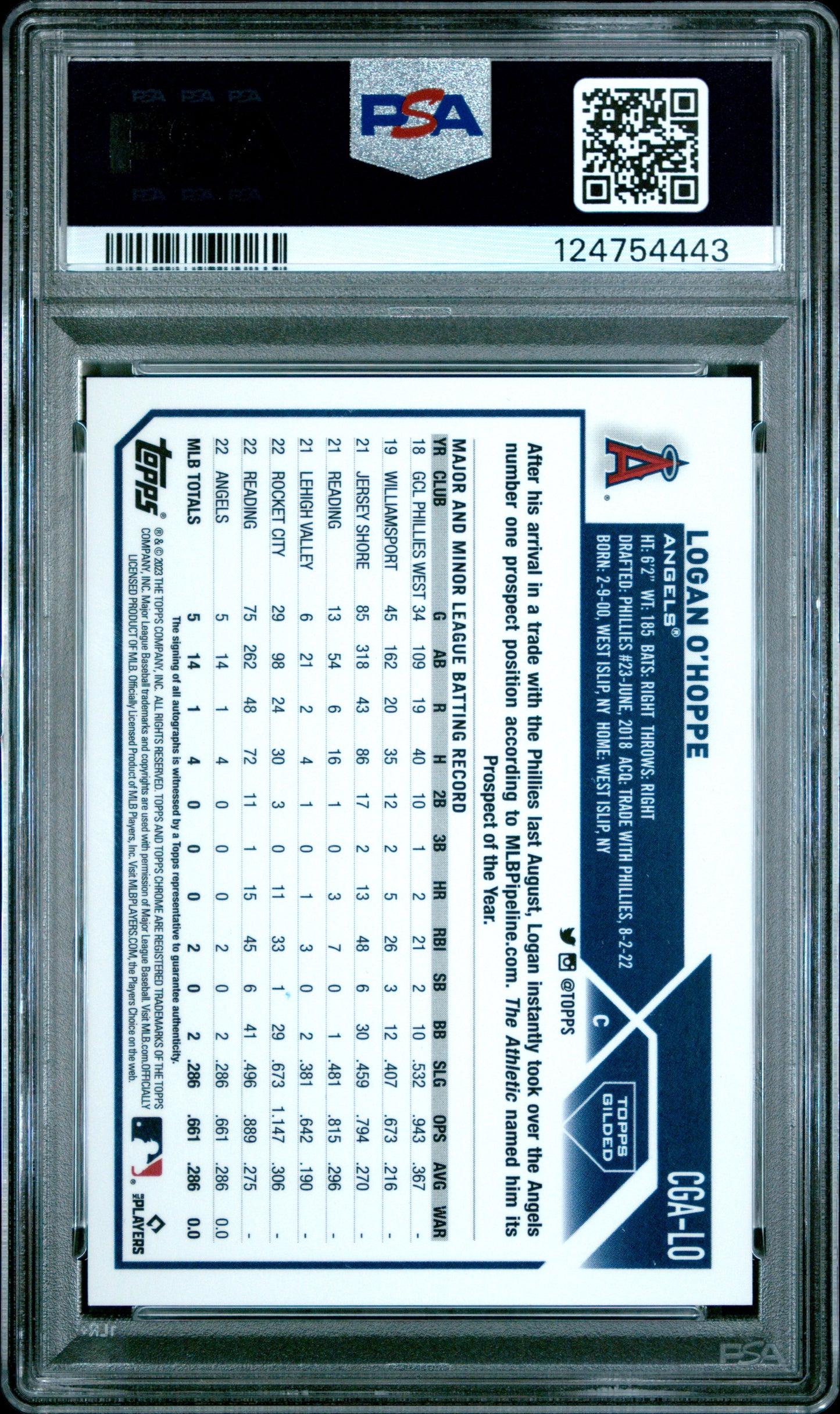 2023 Topps Gilded Collection Chrome Gold Etch Autograph Blue /50 Logan O'Hoppe #CGA-LO PSA 10