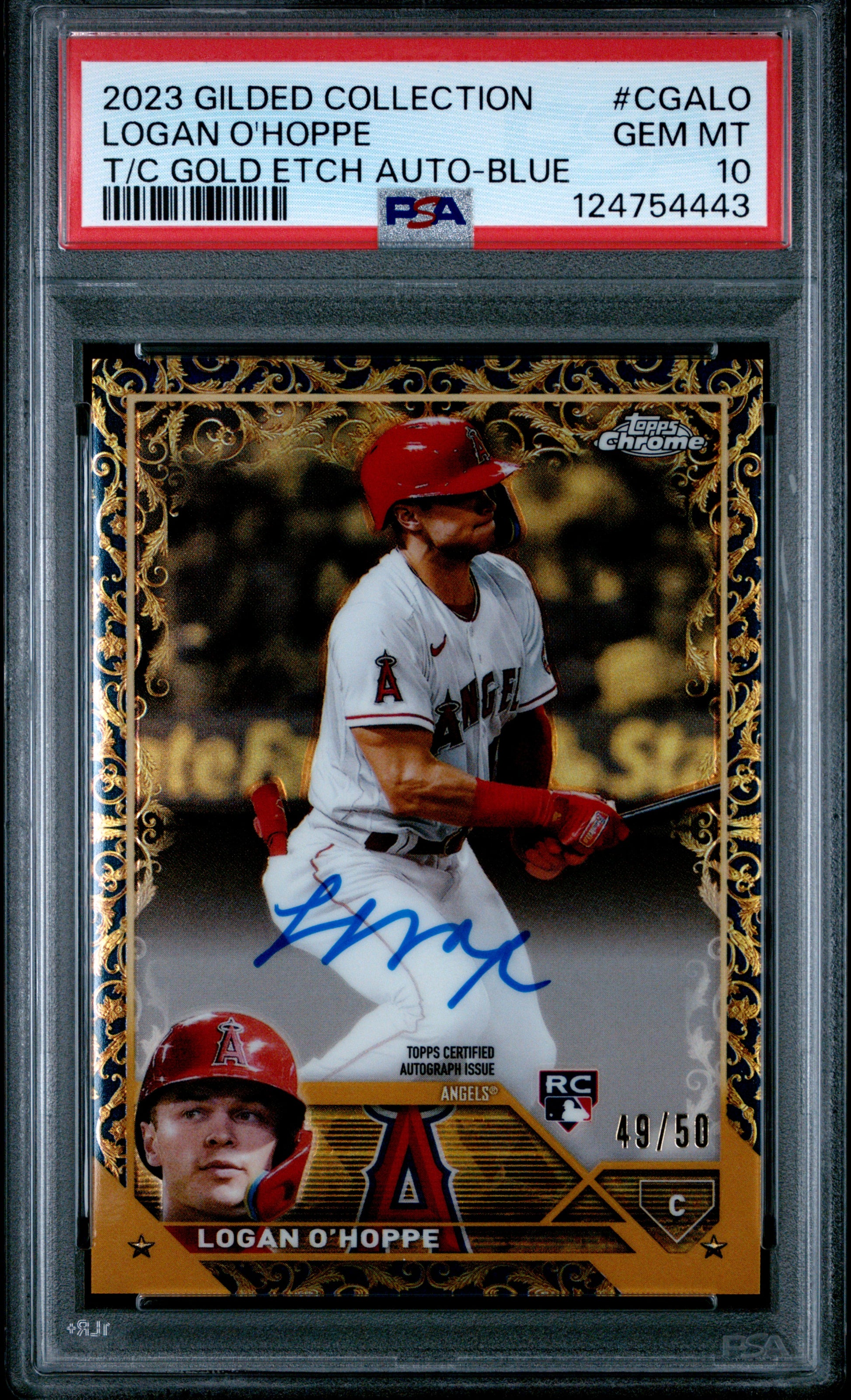 2023 Topps Gilded Collection Chrome Gold Etch Autograph Blue /50 Logan O'Hoppe #CGA-LO PSA 10