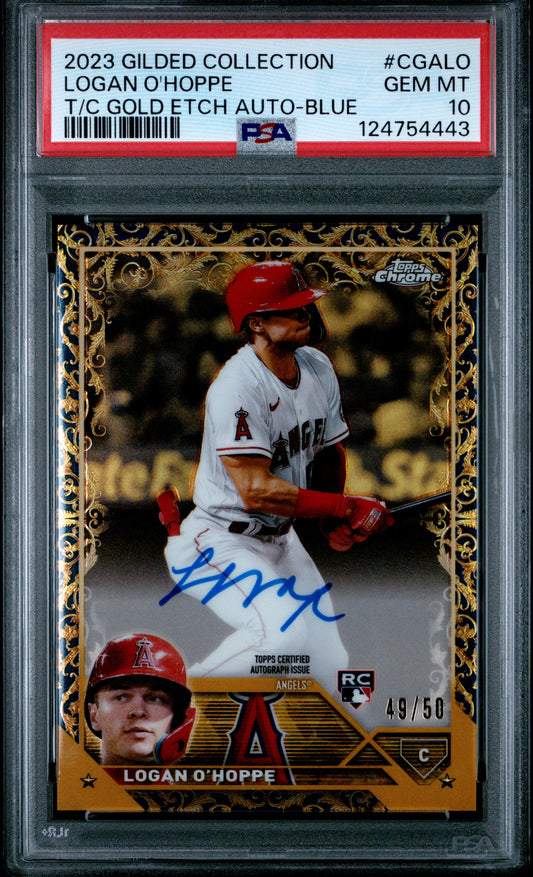2023 Topps Gilded Collection Chrome Gold Etch Autograph Blue /50 Logan O'Hoppe #CGA-LO PSA 10