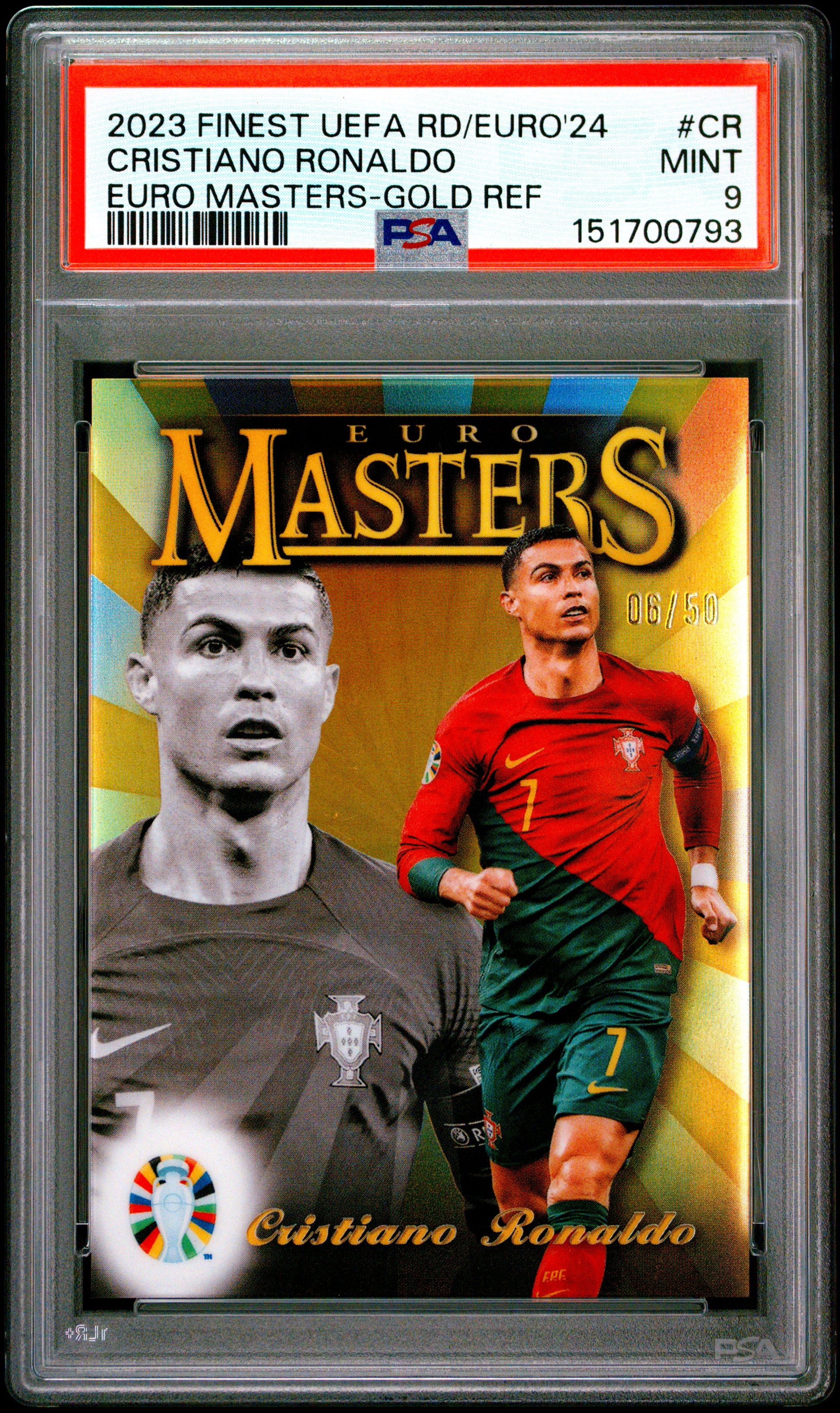 2023 Topps Finest Road to UEFA Euro '24 Euro Masters Gold Refractor /50 #EM-CR Cristiano Ronaldo PSA 9