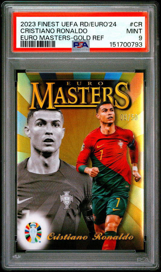 2023 Topps Finest Road to UEFA Euro '24 Euro Masters Gold Refractor /50 #EM-CR Cristiano Ronaldo PSA 9