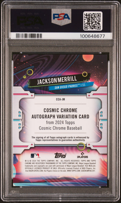 Back side of 2024 Topps Chrome Cosmic Autograph Green Space Dust Refractor /75 #CCA-JM Jackson Merrill PSA 9