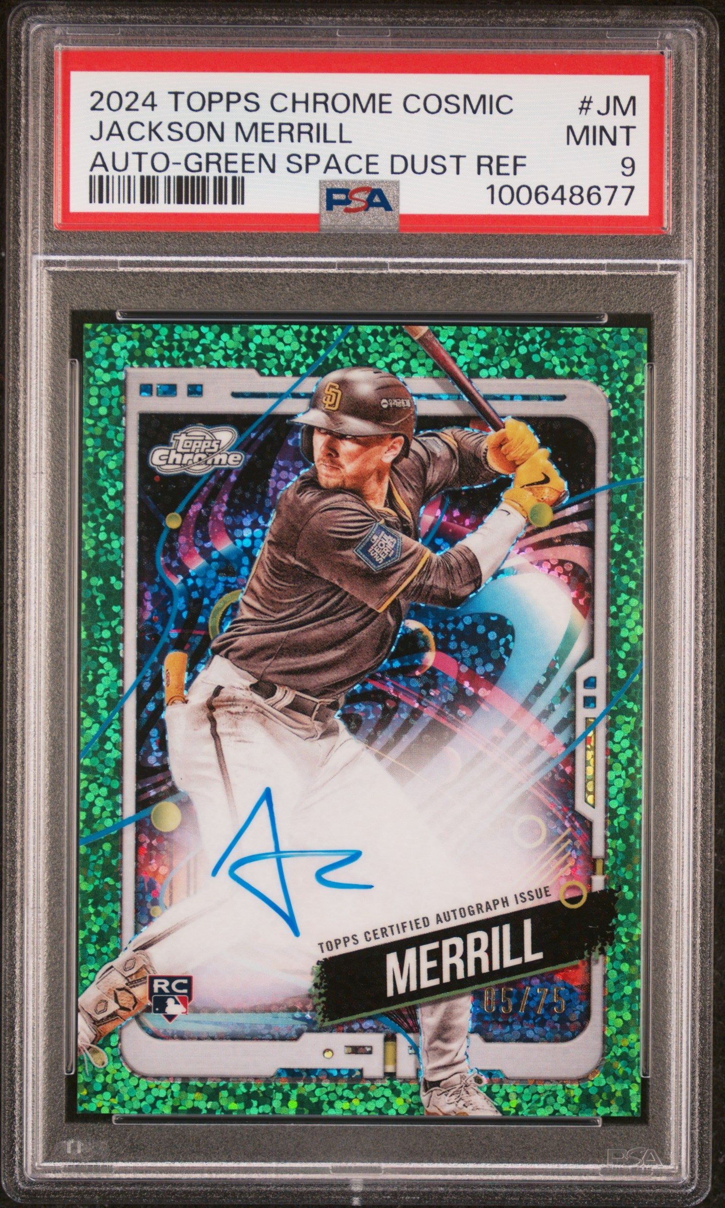 Front side of 2024 Topps Chrome Cosmic Autograph Green Space Dust Refractor /75 #CCA-JM Jackson Merrill PSA 9