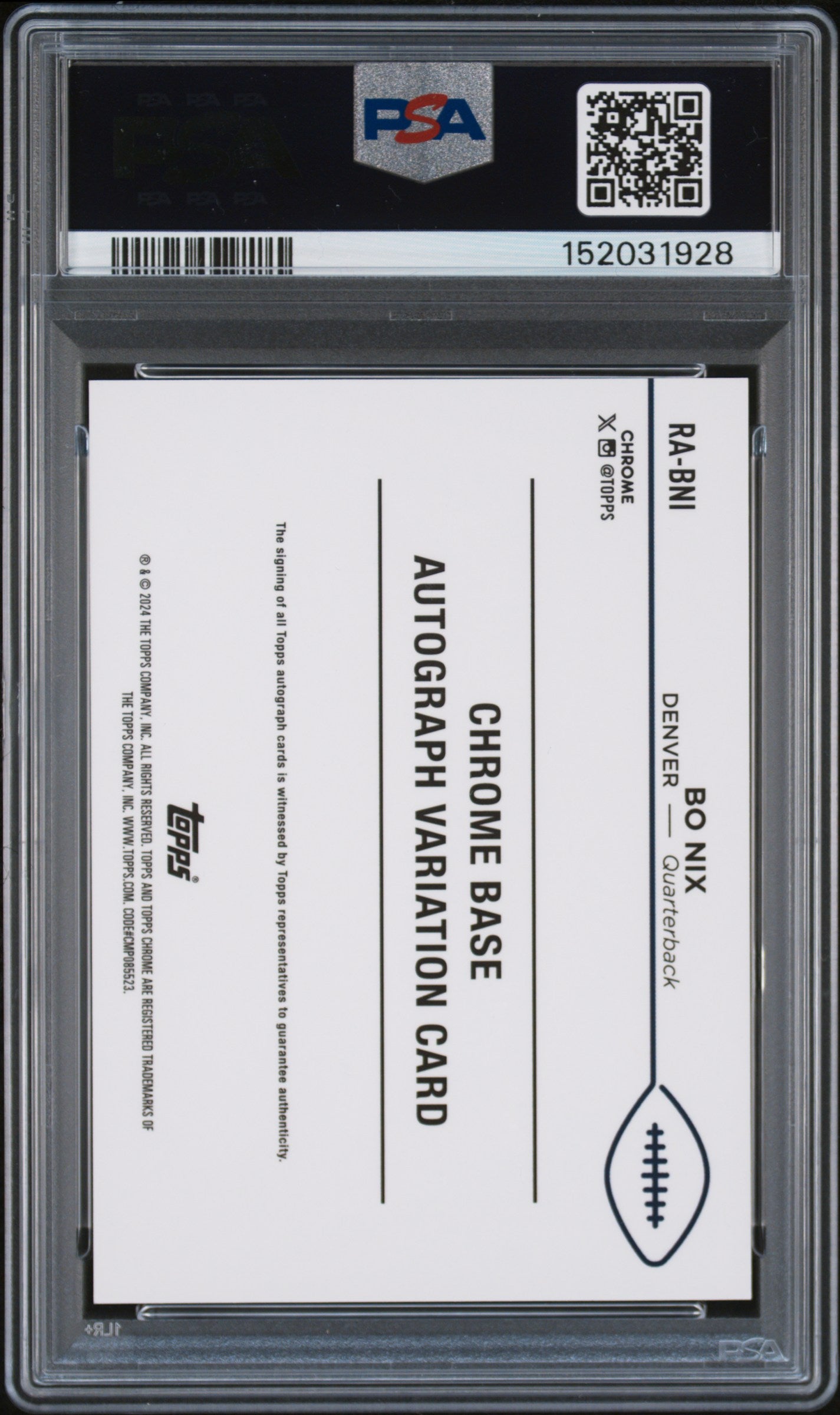 2024 Topps Chrome Rookie Autograph #RA-BNI Bo Nix PSA 9