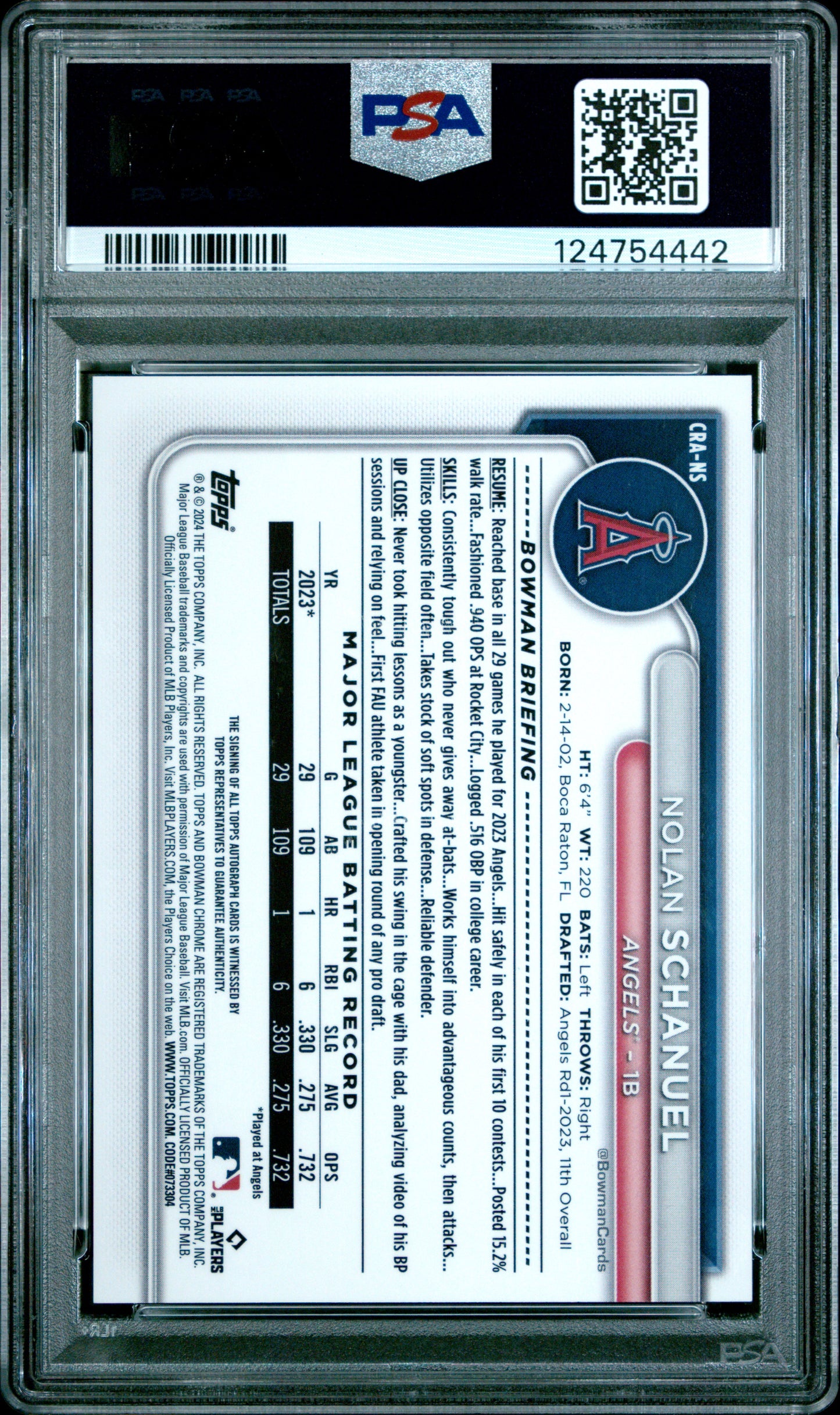 2024 Bowman Chrome Rookie Autograph Red Refractor /5 Nolan Schanuel #CRA-NS PSA 10