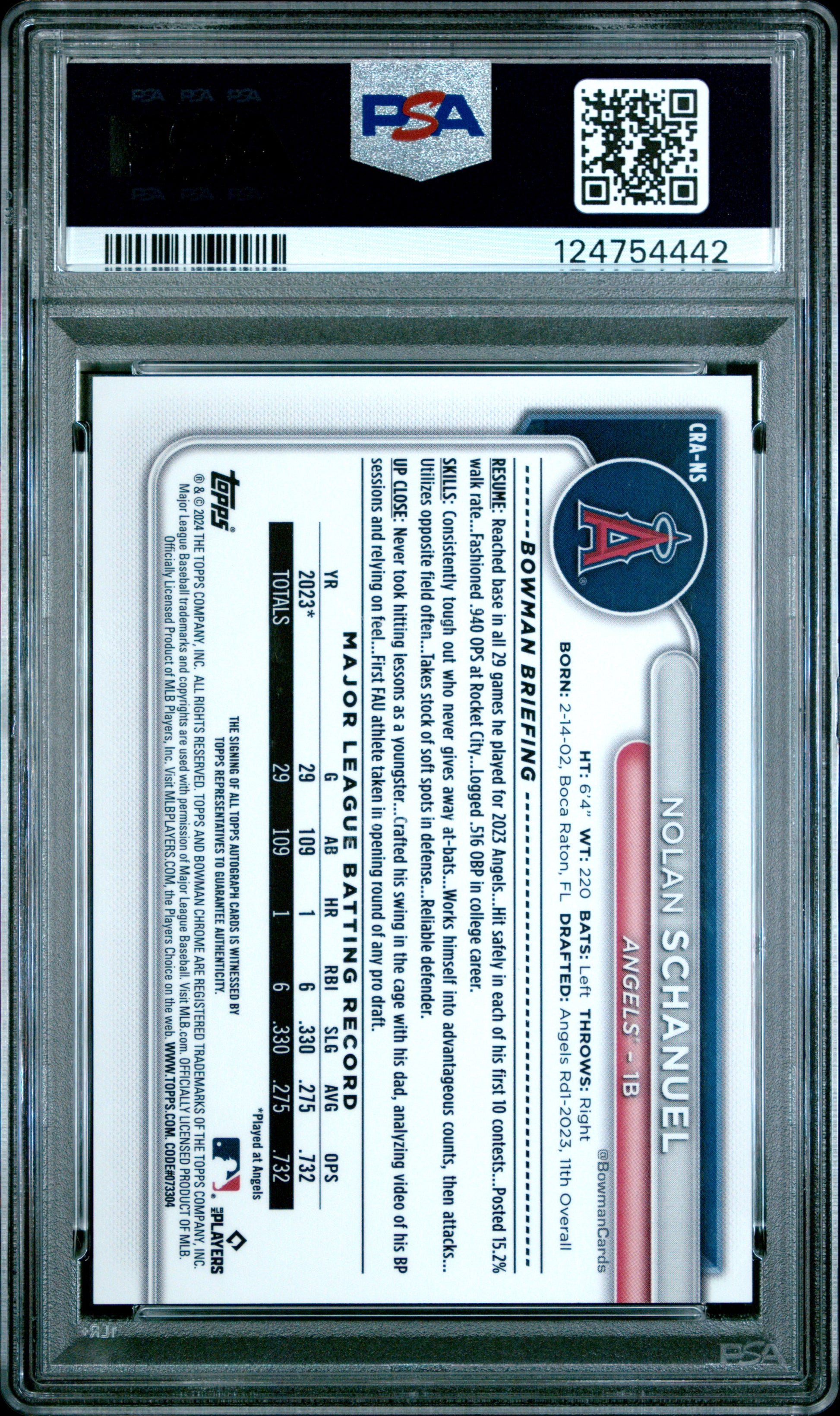 2024 Bowman Chrome Rookie Autograph Red Refractor /5 Nolan Schanuel #CRA-NS PSA 10