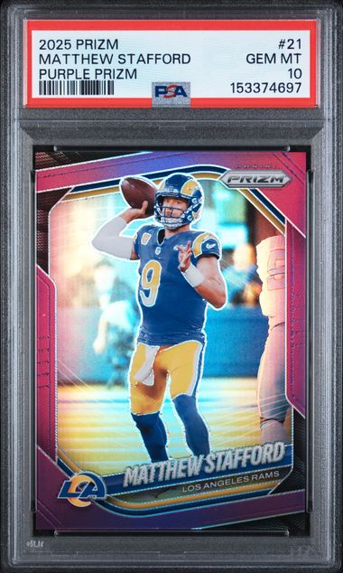 2025 Panini Prizm Purple Prizm /125 #21 Matthew Stafford PSA 10 - Front
