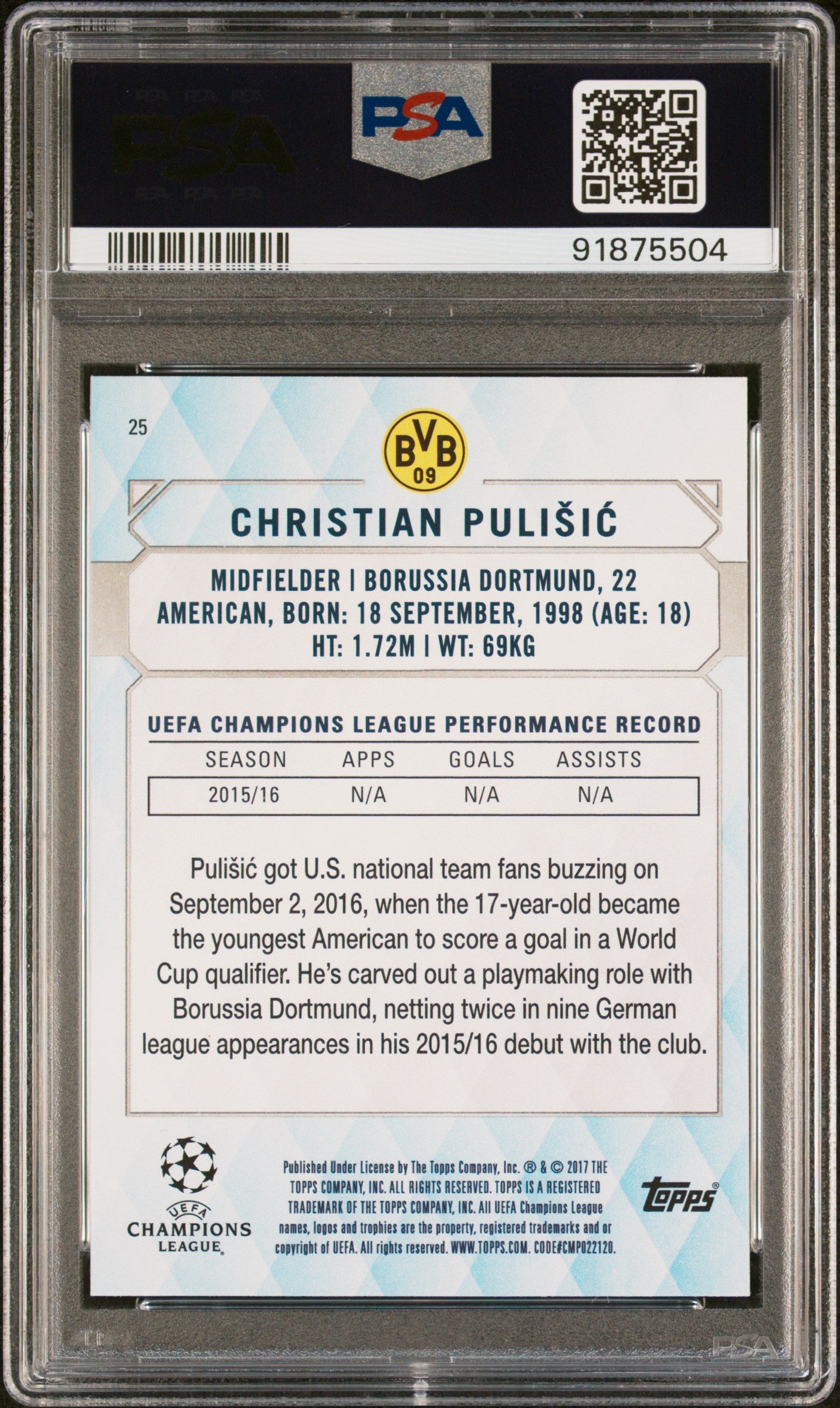 2016 Topps UEFA Champions League Showcase Orange #25 Christian Pulisic PSA 9
