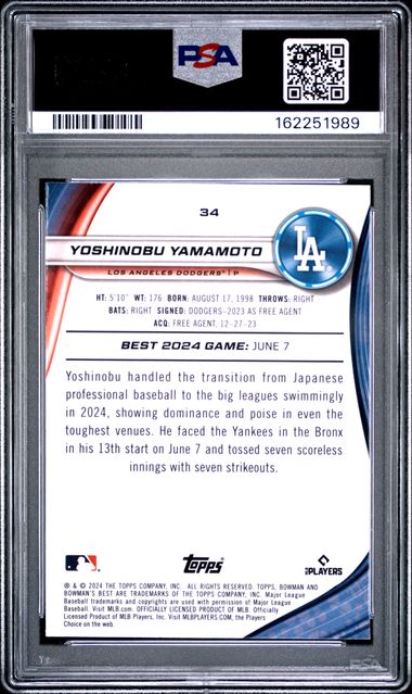 2024 Bowman's Best Mini Diamond /299 #34 Yoshinobu Yamamoto PSA 10 - Back