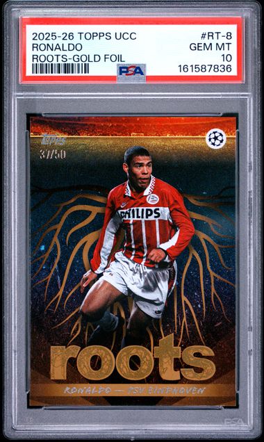 2025-26 Topps UEFA Club Competitions Roots Gold Foil /50 #RT-8 Ronaldo PSA 10 - Front