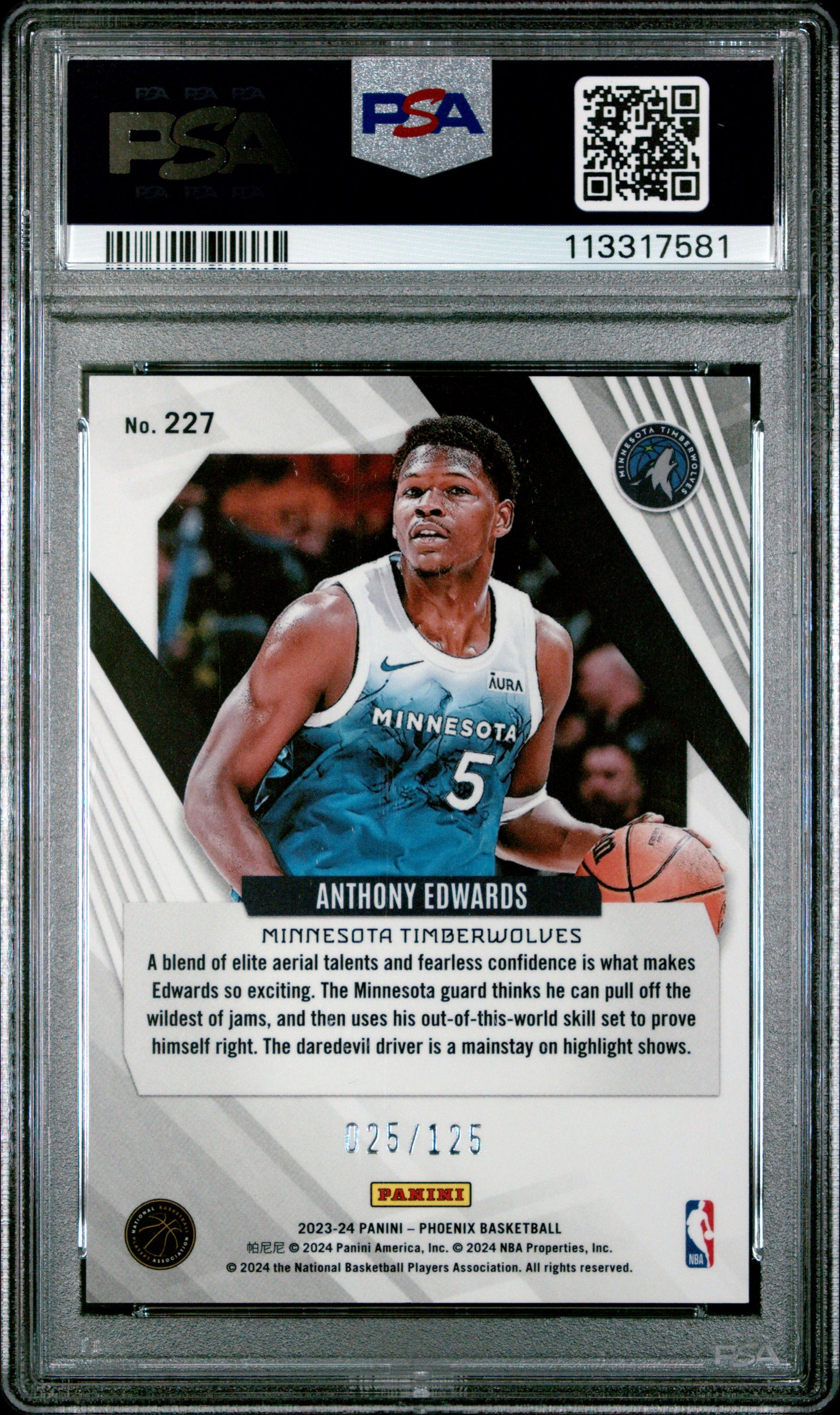 2023 Panini Phoenix White Ice /125 #227 Anthony Edwards PSA 10