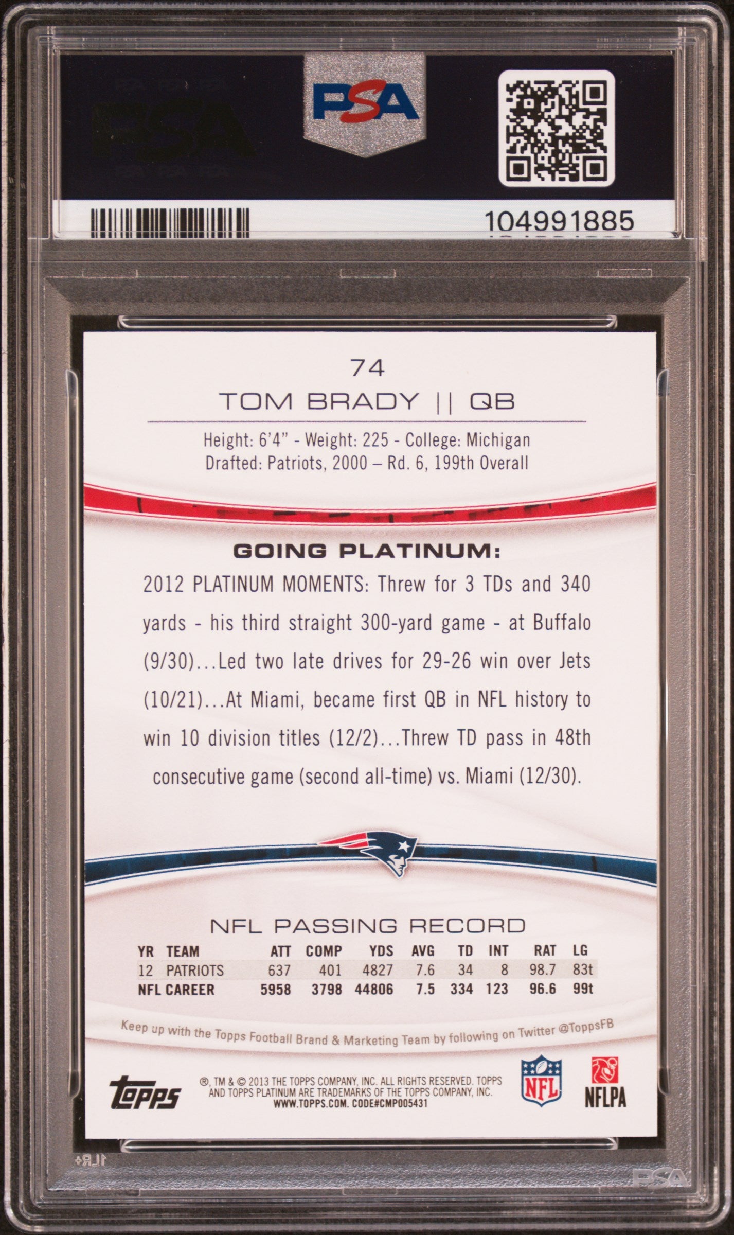 2013 Topps Platinum Sapphire #74 Tom Brady PSA 10
