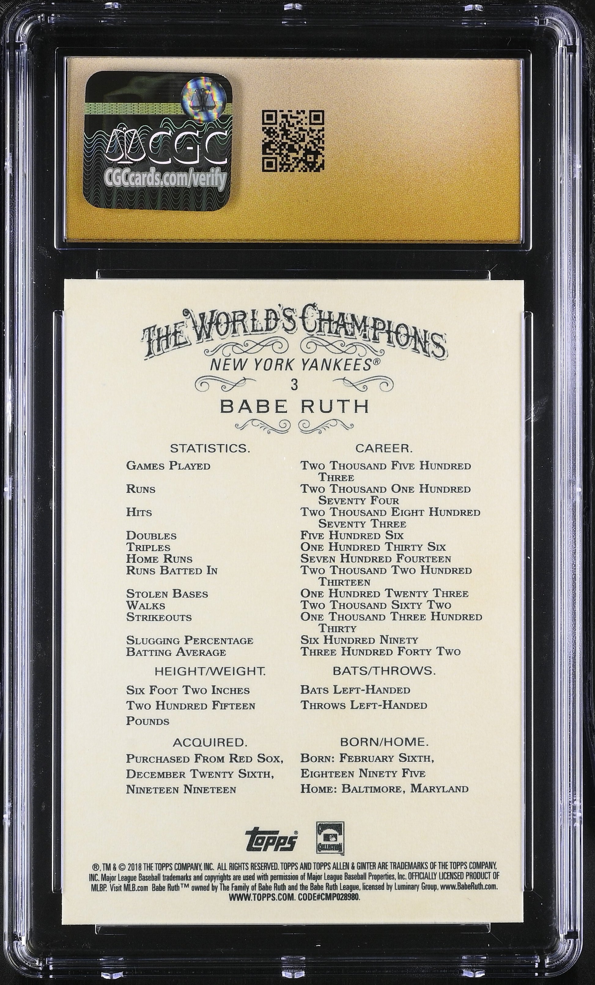 2018 Topps Allen & Ginter #3 Babe Ruth CGC 10 Pristine