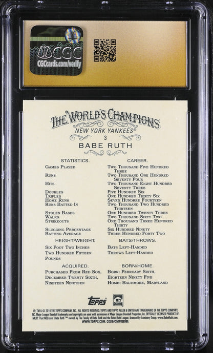 2018 Topps Allen & Ginter #3 Babe Ruth CGC 10 Pristine