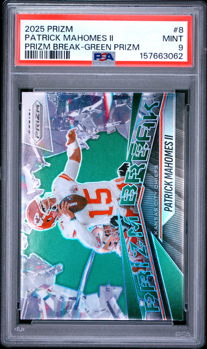 2025 Panini Prizm Prizm Break Green Prizm #8 Patrick Mahomes II PSA 9