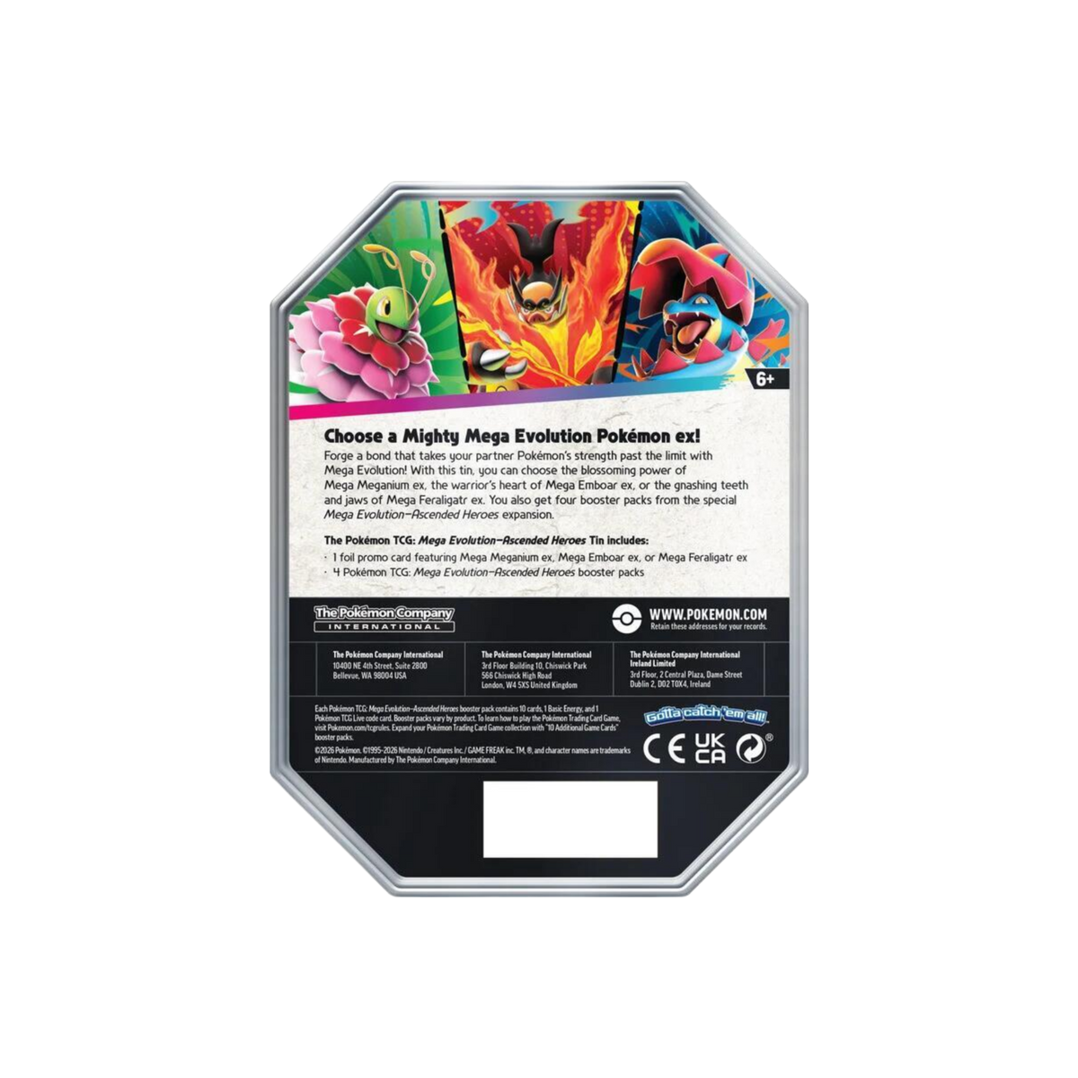 Pokemon Mega Evolution Ascended Heroes Tin - Back of Tin