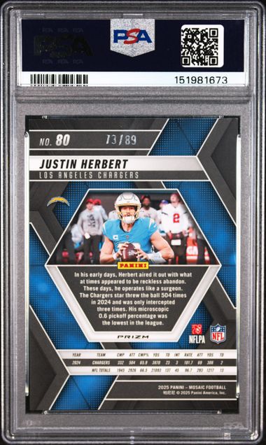2025 Panini Mosaic Fusion Red & Yellow Choice /89 #80 Justin Herbert PSA 10 - Back