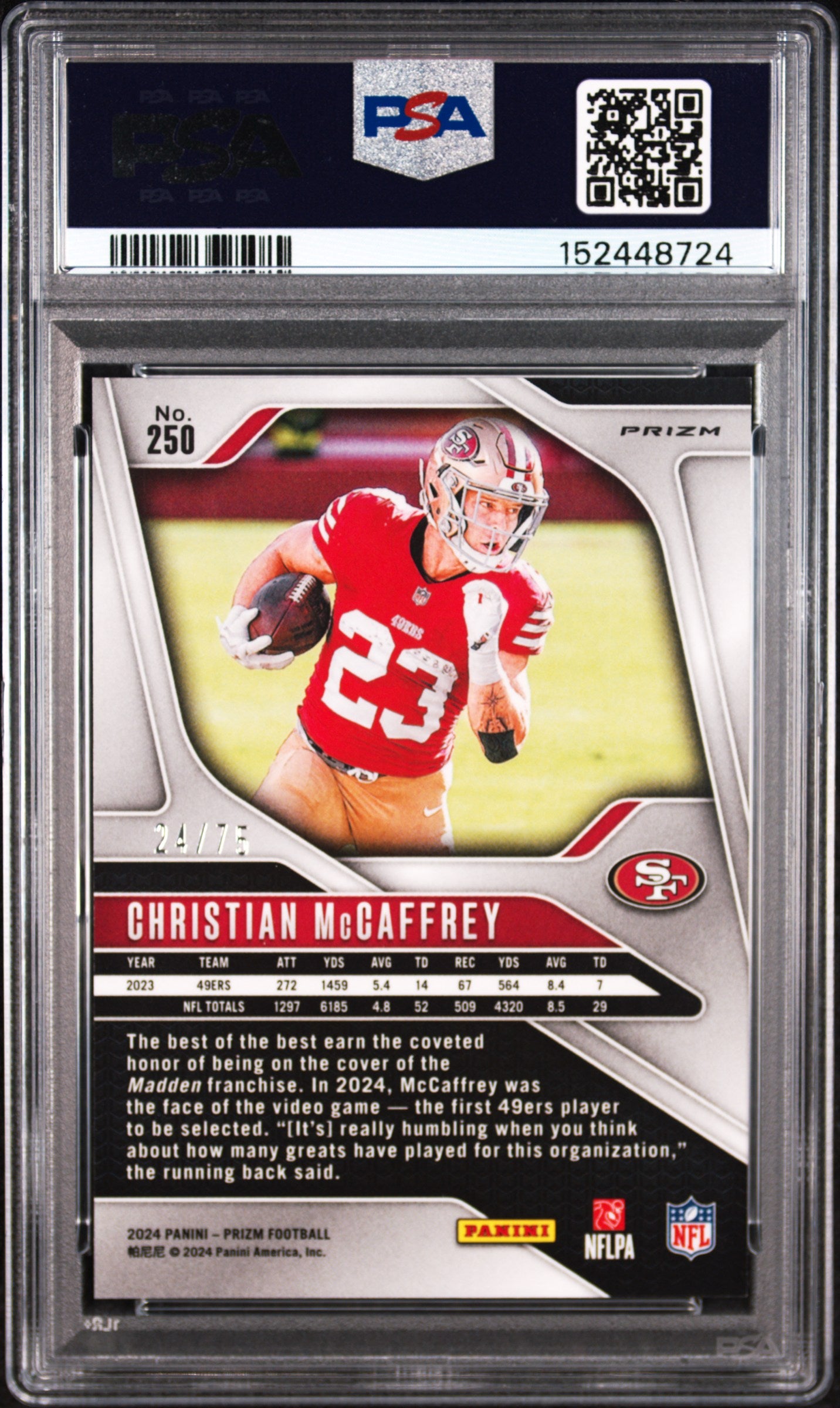 2024 Panini Prizm No Huddle Red /75 #250 Christian McCaffrey PSA 10