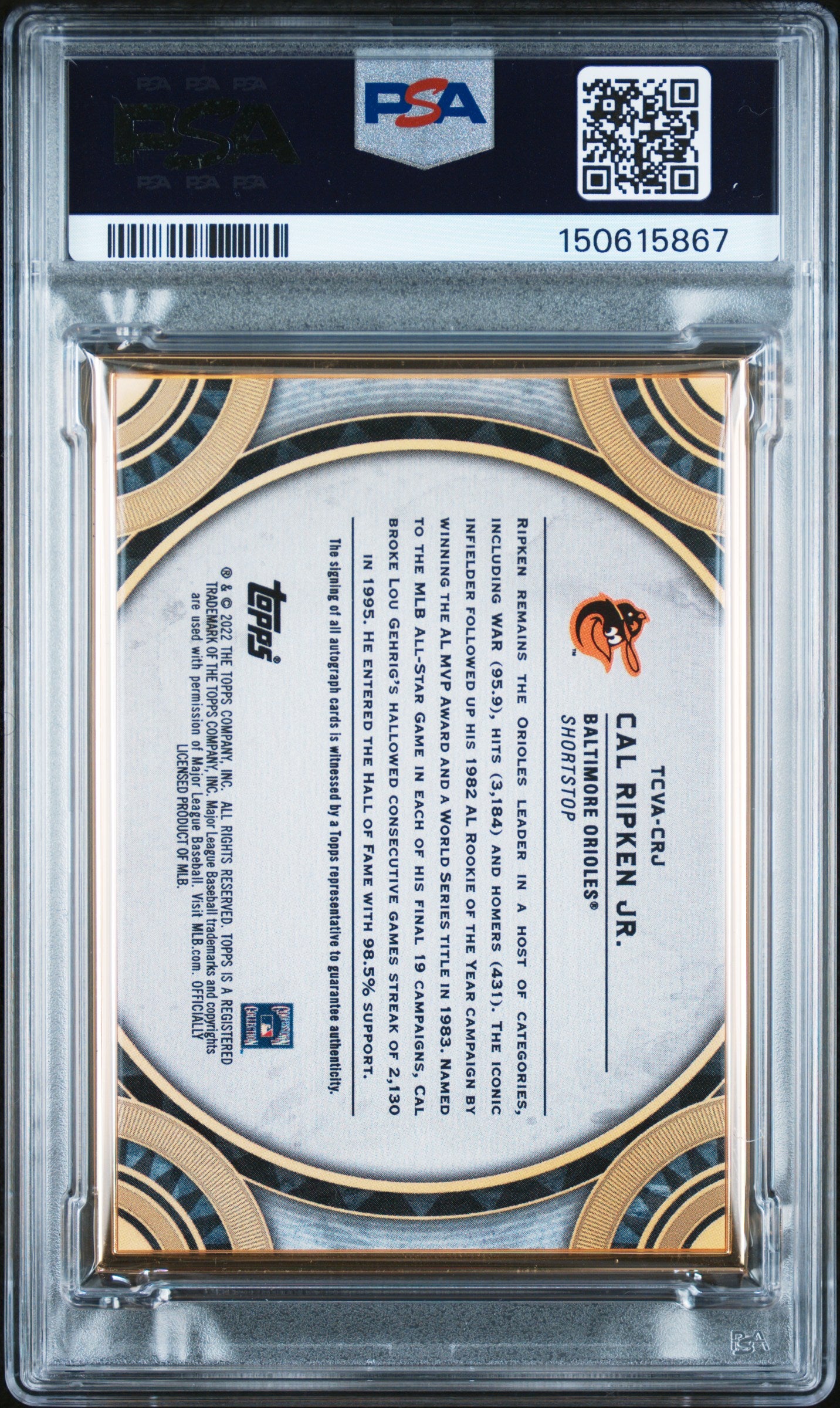 Back side of 2023 Topps Transcendent Transcendent Collection Variation Auto /20 Cal Ripken Jr. #TCVA-CRJ PSA 9
