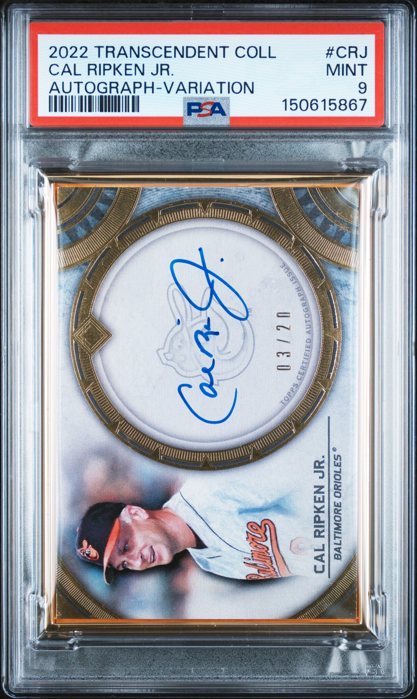 Front side of 2023 Topps Transcendent Transcendent Collection Variation Auto /20 Cal Ripken Jr. #TCVA-CRJ PSA 9
