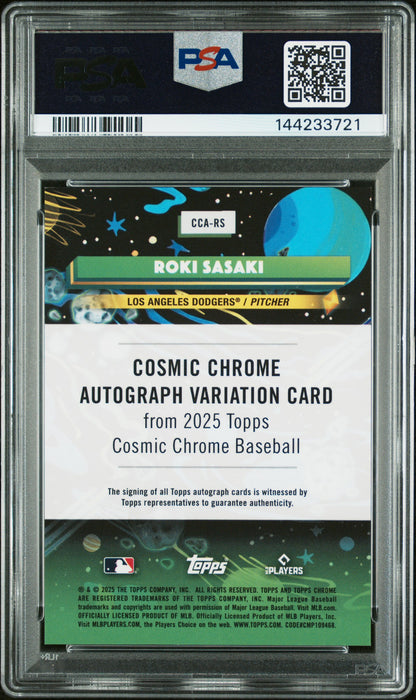 Back side of 2025 Topps Chrome Cosmic Autograph #CCA-RS Roki Sasaki PSA 9