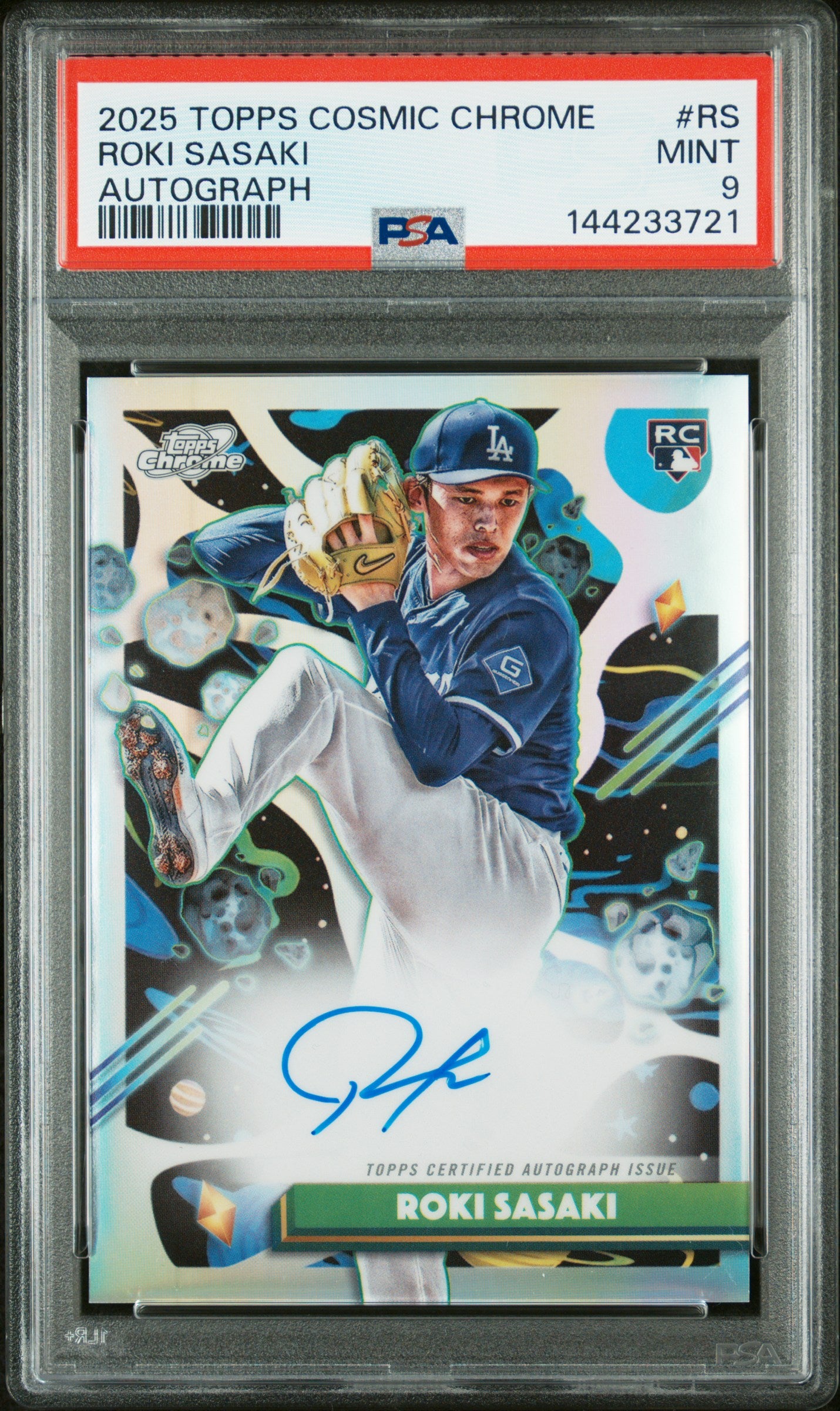 Front side of 2025 Topps Chrome Cosmic Autograph #CCA-RS Roki Sasaki PSA 9