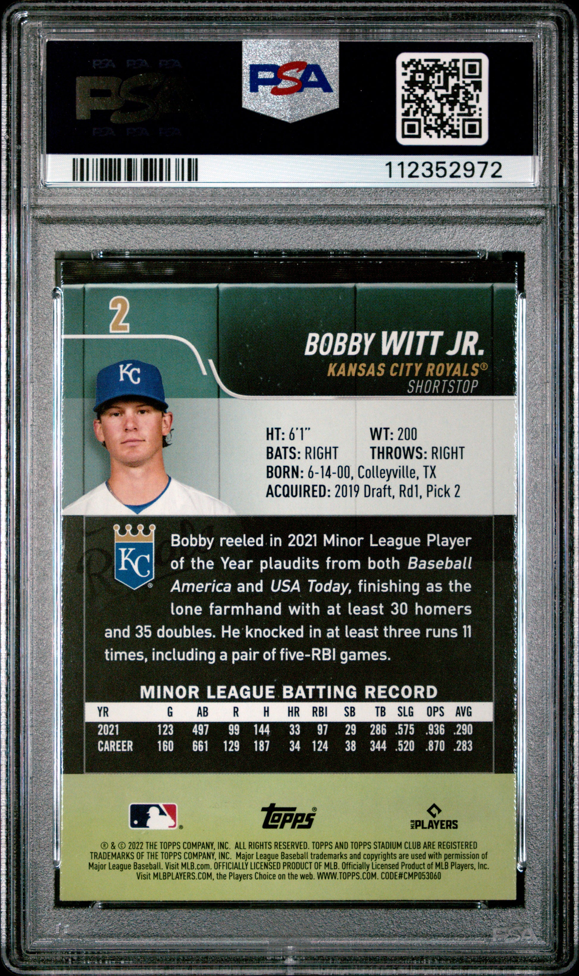 Back side of 2022 Topps Stadium Club Black Foil #2 Bobby Witt Jr. PSA 9
