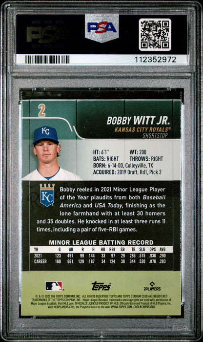 Back side of 2022 Topps Stadium Club Black Foil #2 Bobby Witt Jr. PSA 9