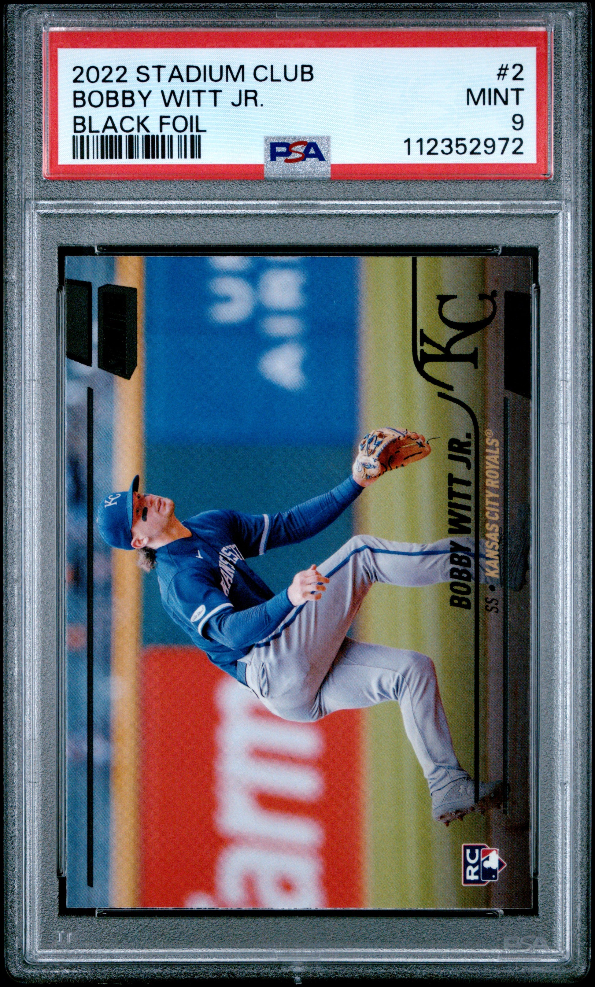 Front side of 2022 Topps Stadium Club Black Foil #2 Bobby Witt Jr. PSA 9