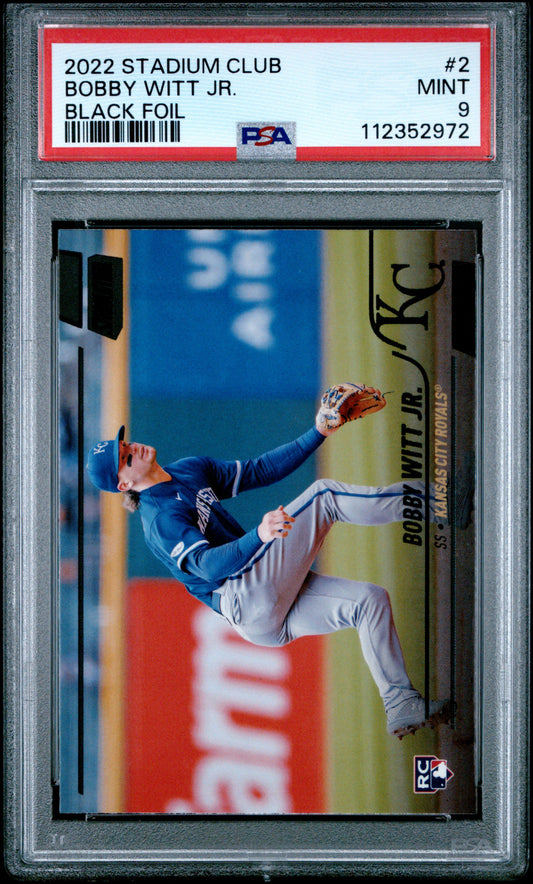 Front side of 2022 Topps Stadium Club Black Foil #2 Bobby Witt Jr. PSA 9