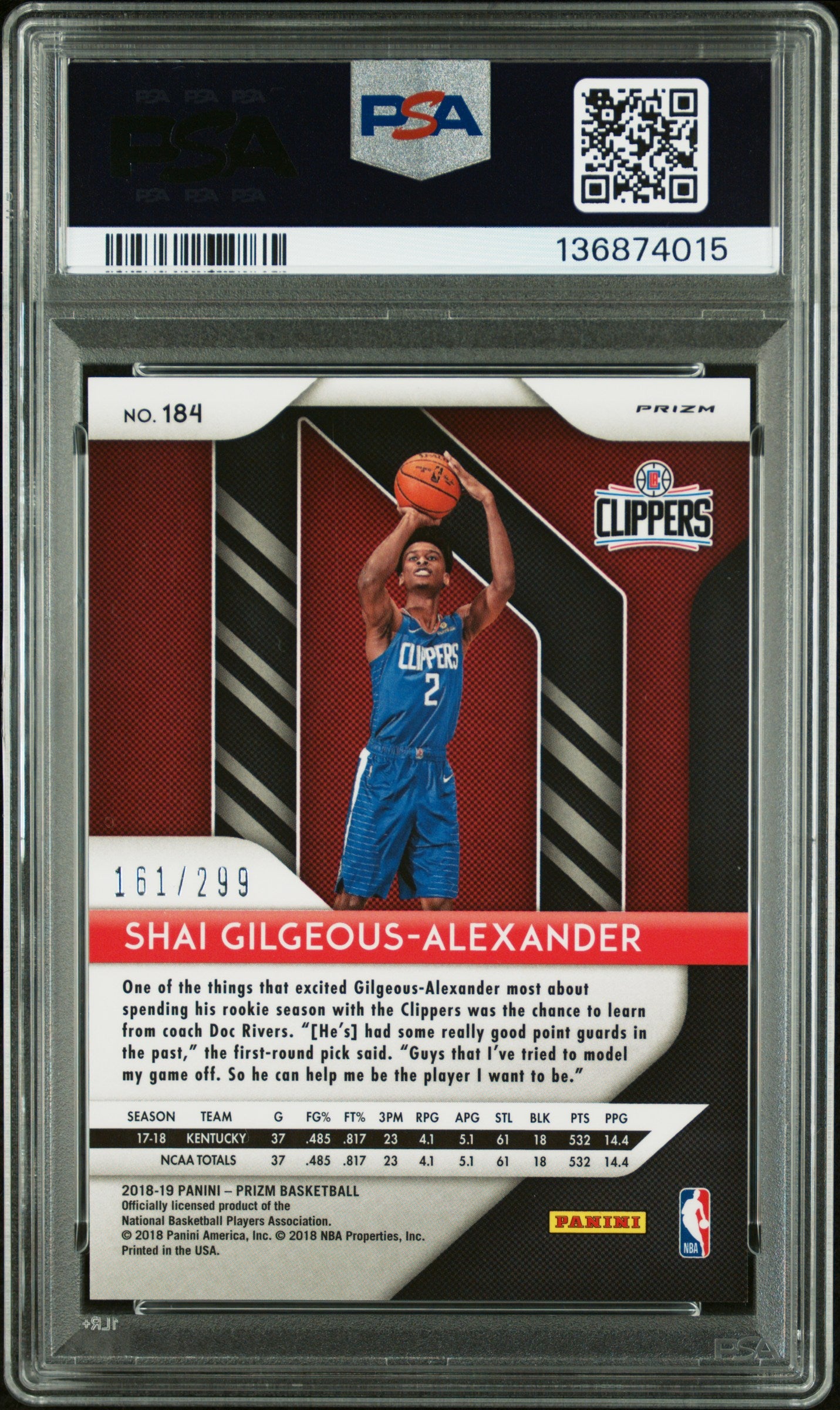 2018 Panini Prizm Red Prizm /299 Shai Gilgeous-Alexander #184 PSA 9