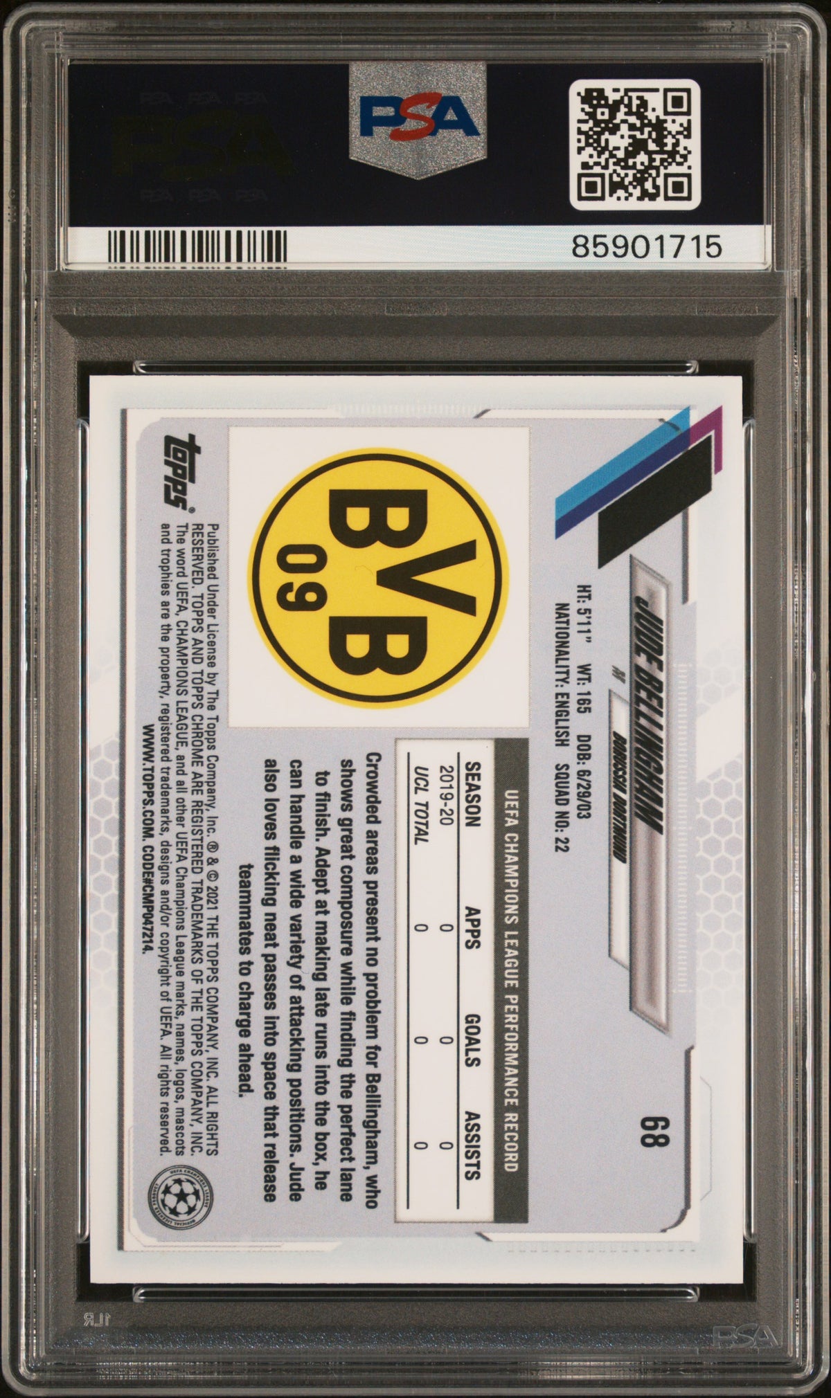 2020-21 Topps Chrome UCL Sapphire Edition #68 Jude Bellingham PSA 10