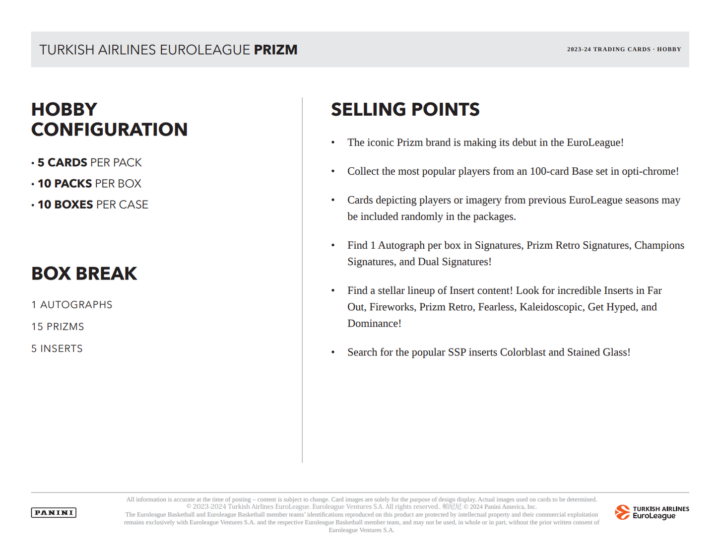 2023-24 Panini Prizm Turkish Airlines Euroleague Basketball Hobby Box