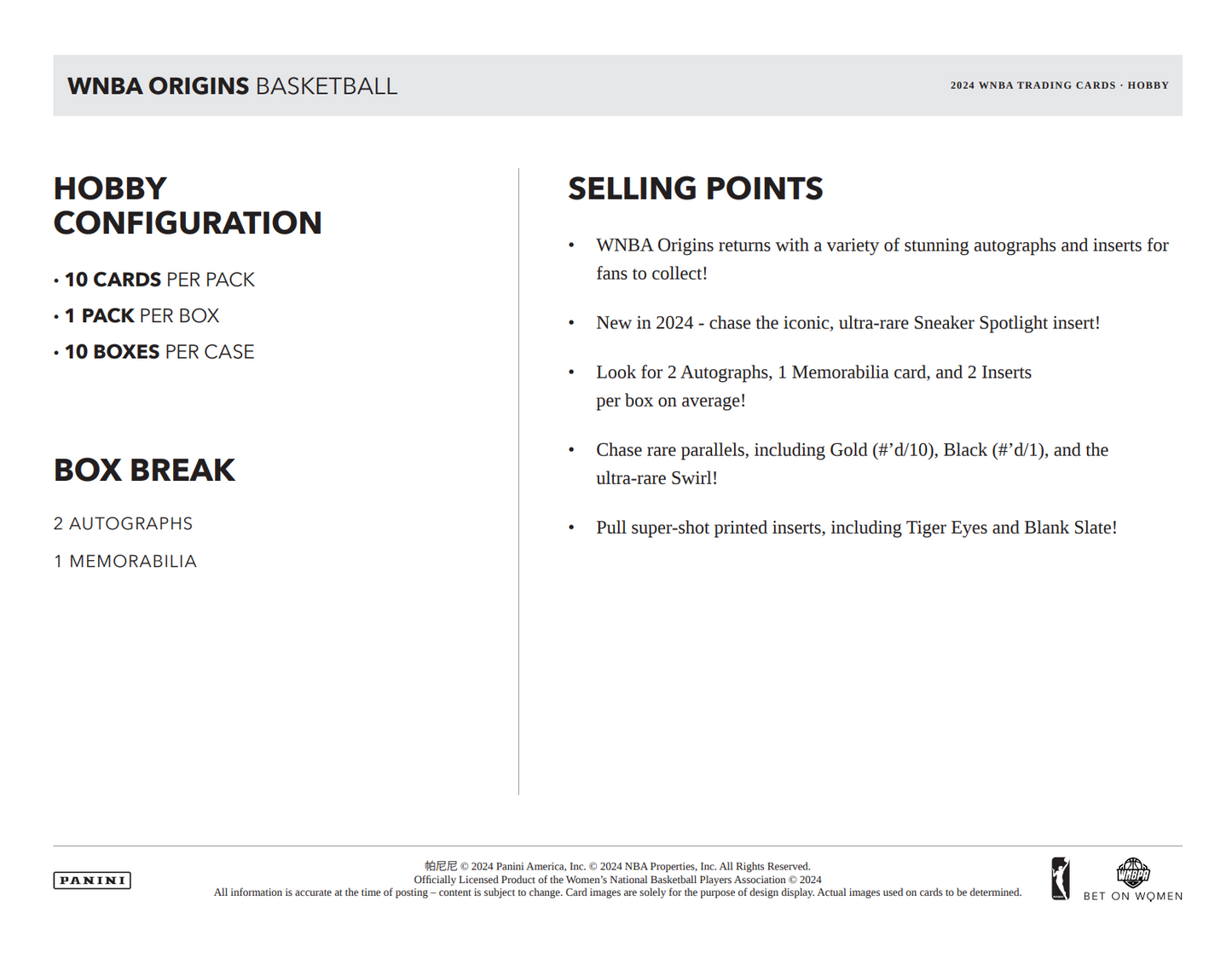 2024 Panini Origins WNBA Basketball Hobby Box