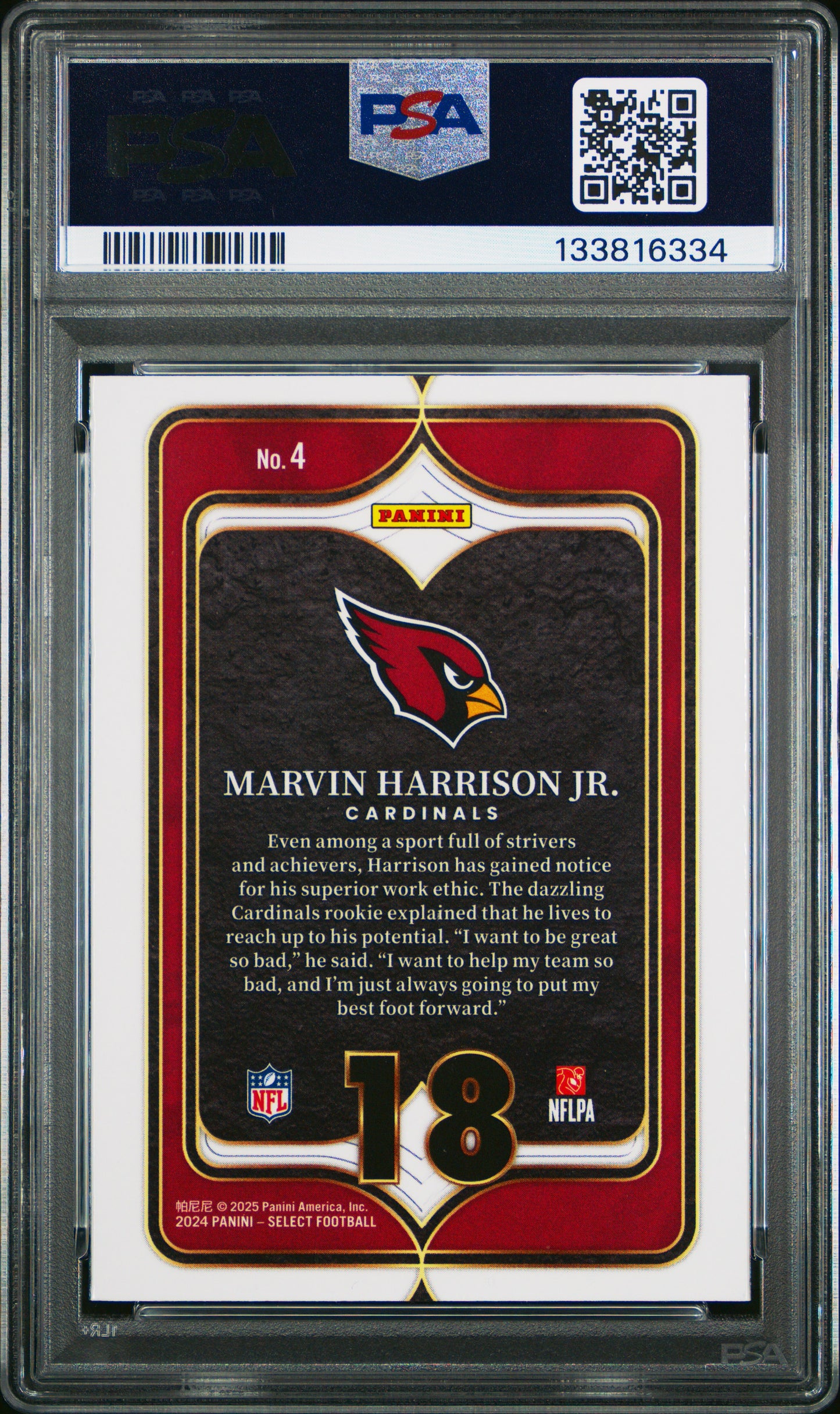 2024 Panini Select Select Numbers #4 Marvin Harrison Jr. PSA 10