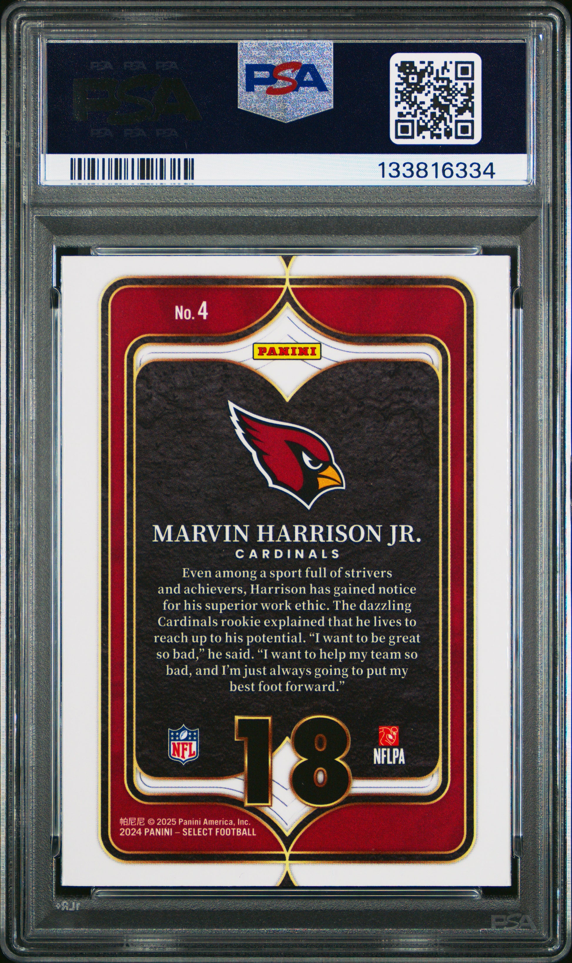 2024 Panini Select Select Numbers #4 Marvin Harrison Jr. PSA 10