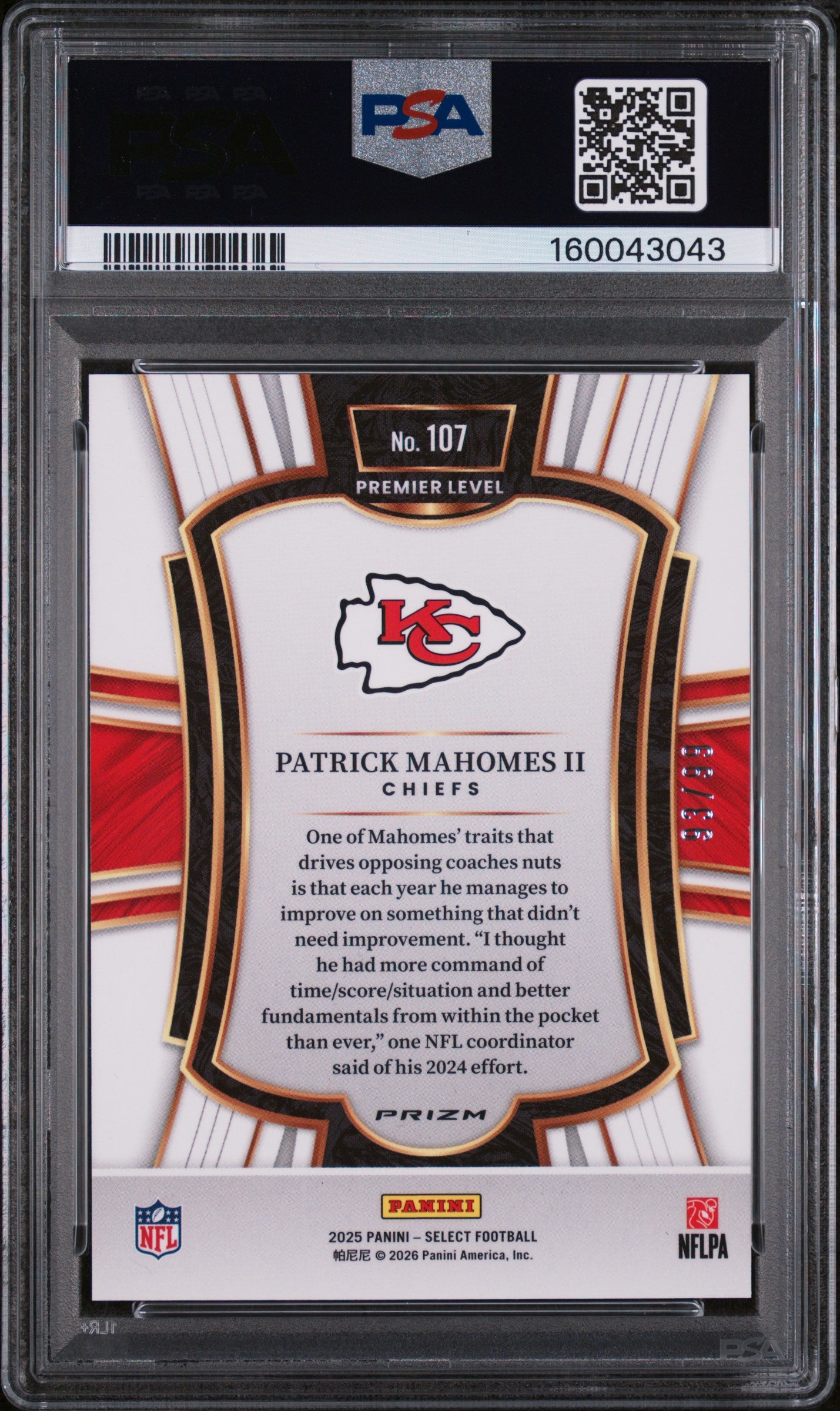 2025 Panini Select Light Blue Prizm /99 #107 Patrick Mahomes II PSA 9