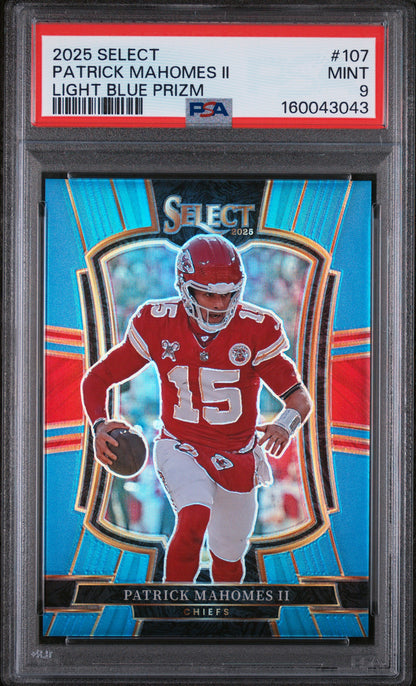 2025 Panini Select Light Blue Prizm /99 #107 Patrick Mahomes II PSA 9