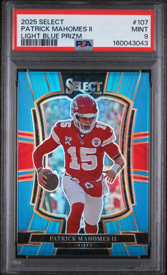 2025 Panini Select Light Blue Prizm /99 #107 Patrick Mahomes II PSA 9