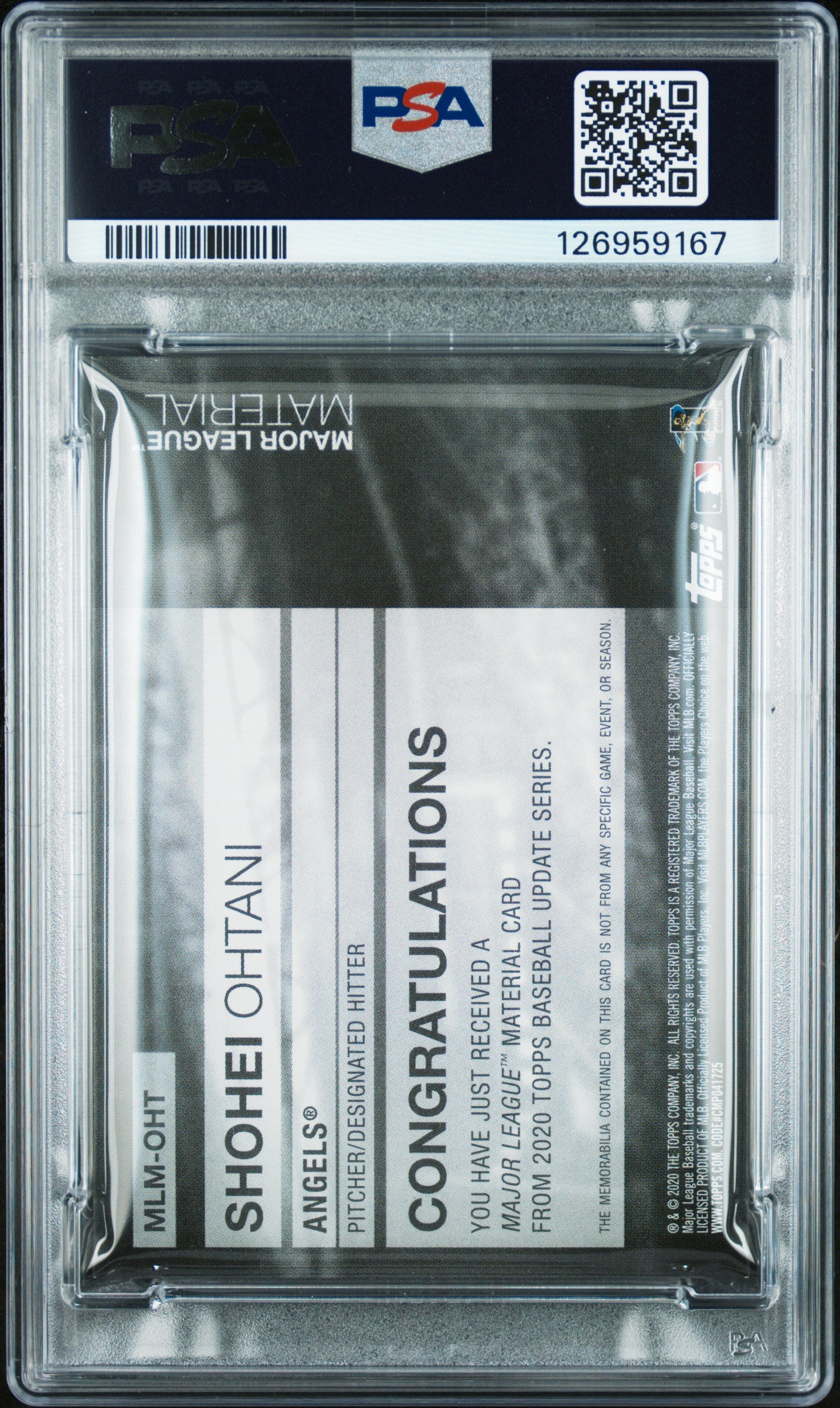 2020 Topps Update Major League Material Relic Gold /50 Shohei Ohtani #MLM-OHT PSA 8